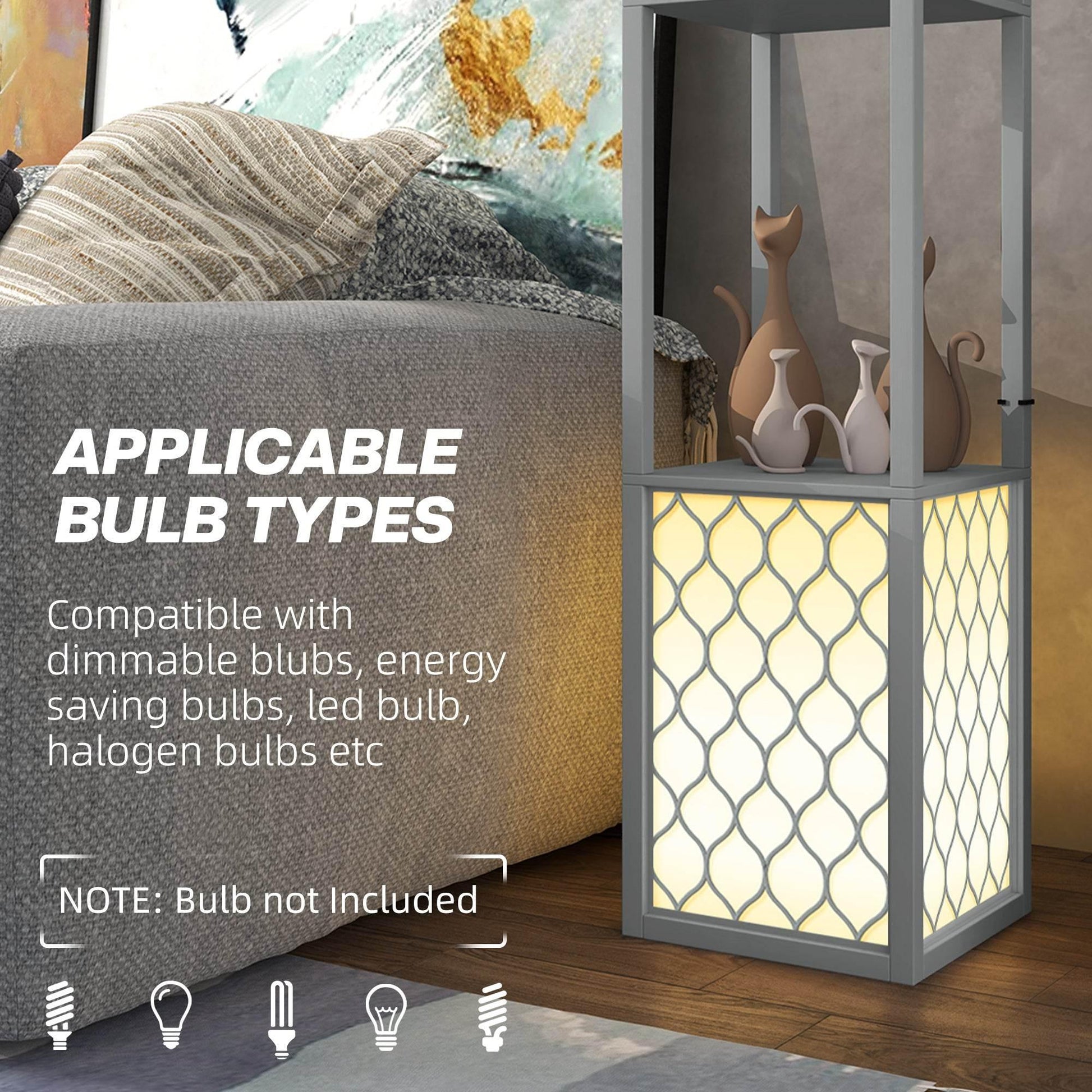 Modern Light Grey Standing Floor Lamp with Dual Shelves and Pull Chain Switch - ALL4U RETAILER LTD