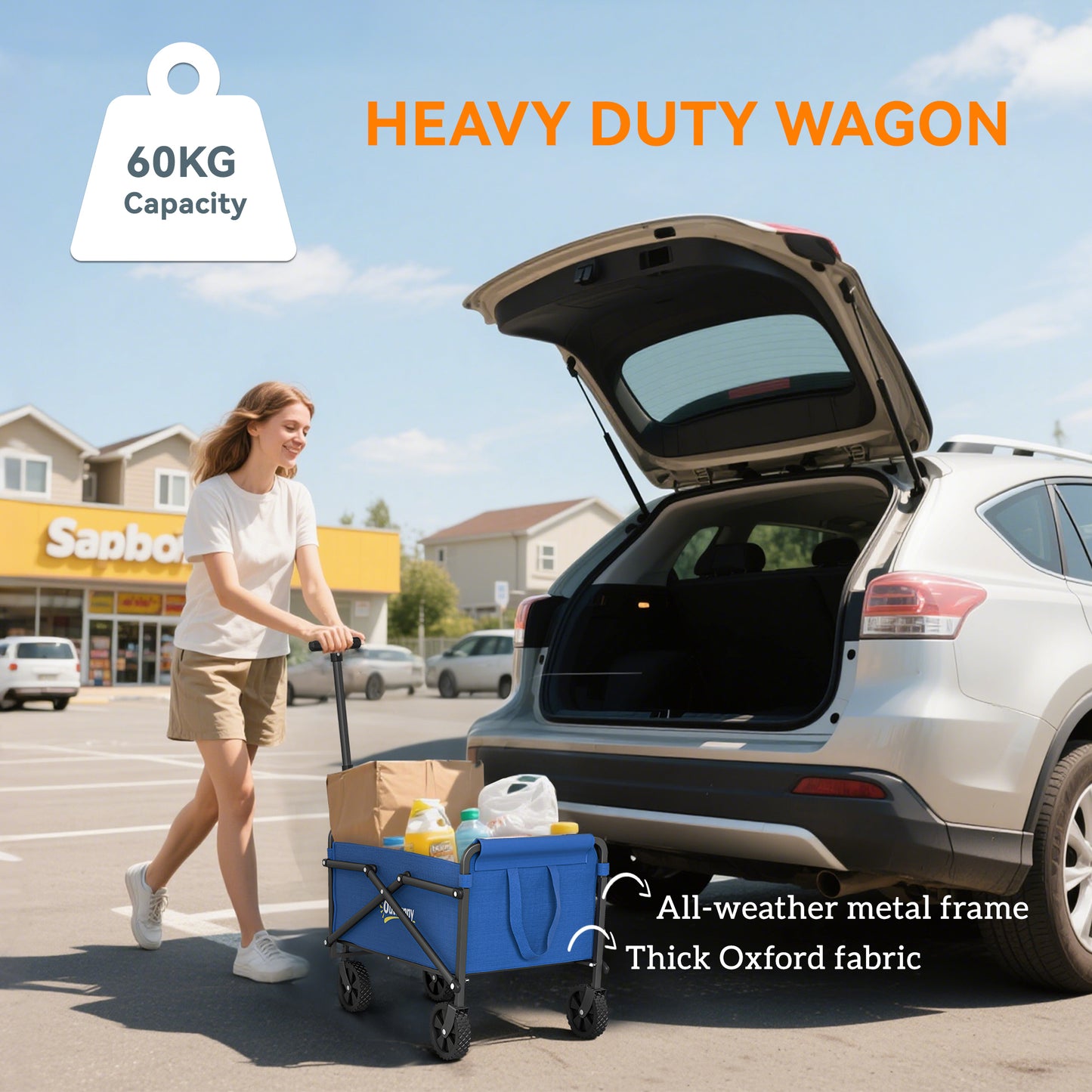 Outsunny 41L Festival Trolley On Wheels 60Kg Heavy Duty Collapsible Wagon With Adjustable Handle And Carry Bag Blue