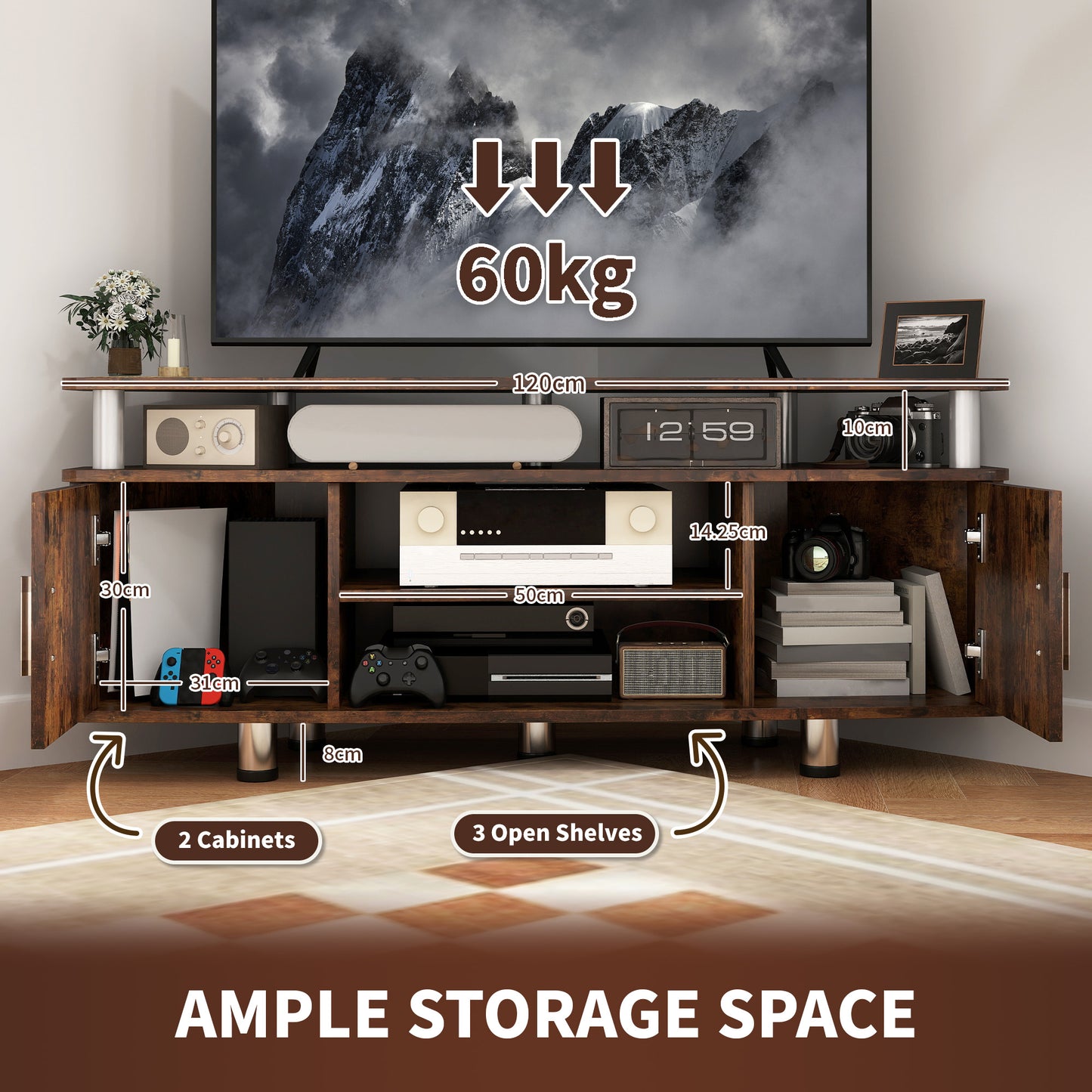 HOMCOM TV Unit Cabinet For TVs Up To 55 Inches With Storage Shelves And Cupboard Rustic Brown Entertainment Centre