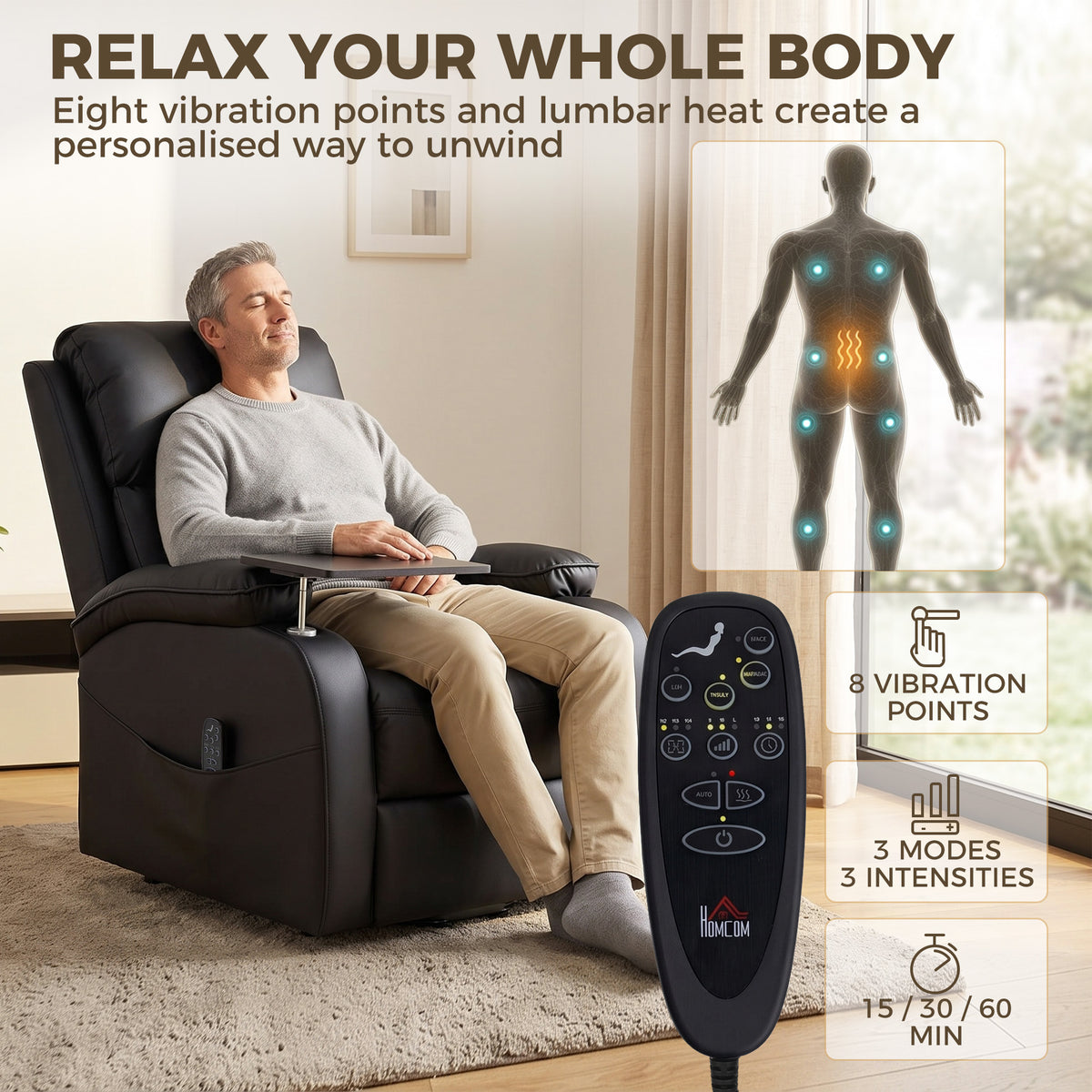 Electric lift recliner with remote control and visible massage heat vibration zones