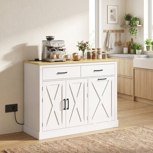 HOMCOM Tilt Out Trash Cabinet Kitchen Island with Charging Station and 57L Bin