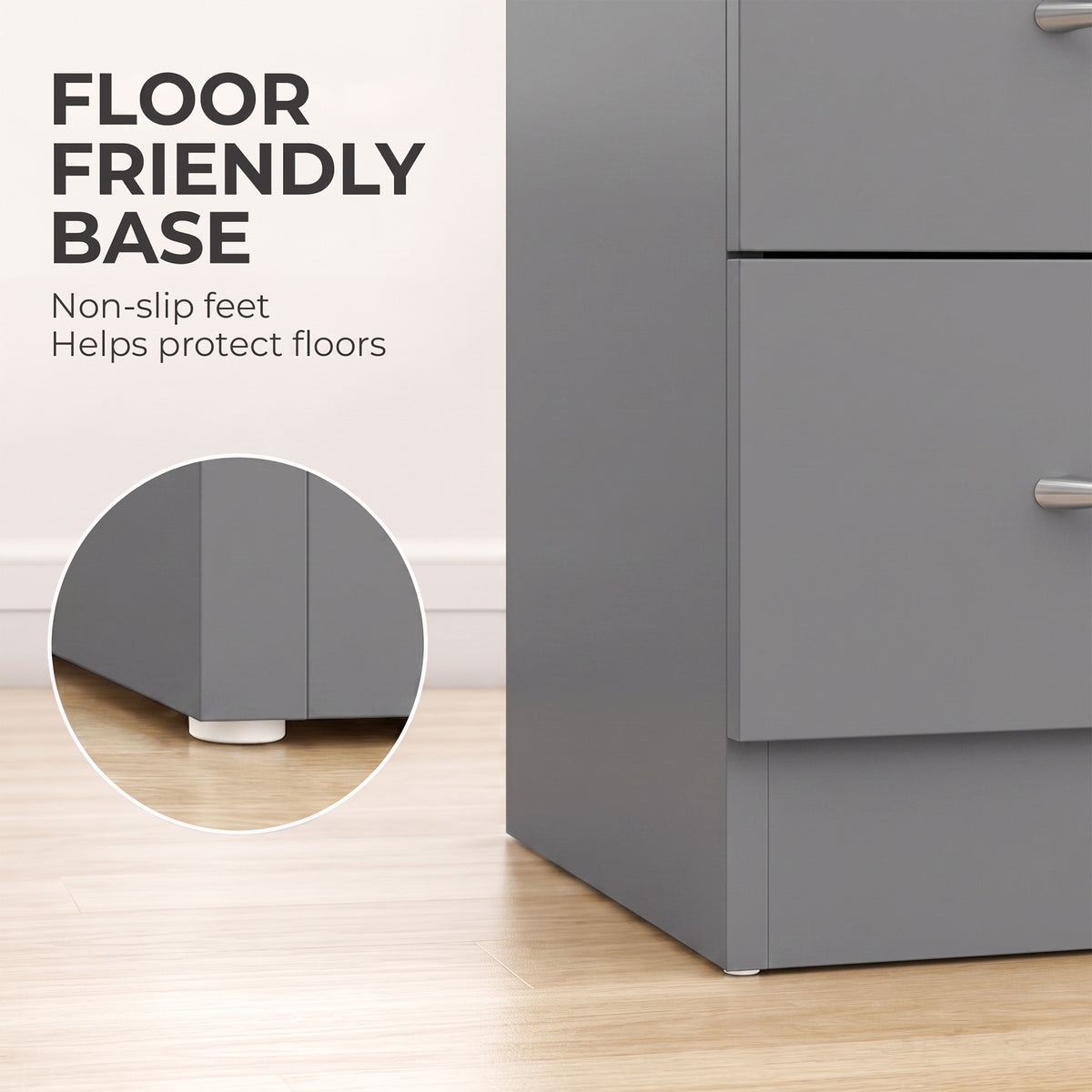 Grey nightstand with non-slip feet and three-drawer base for floor protection.