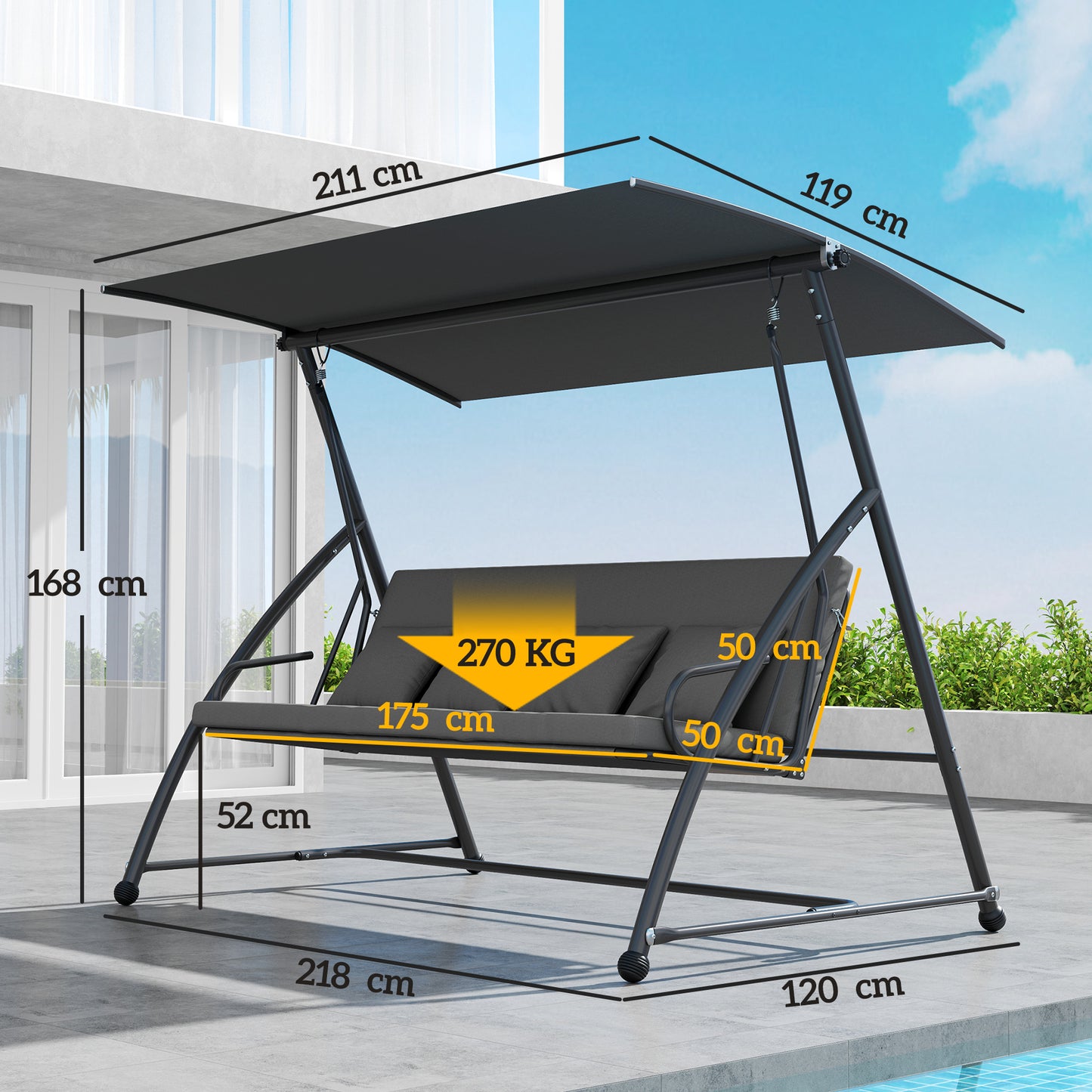 Outsunny Outdoor 2 In 1 Swing Chair Lounger 3 Seater Garden Swing Bed Convertible With Canopy Cushion Dark Grey