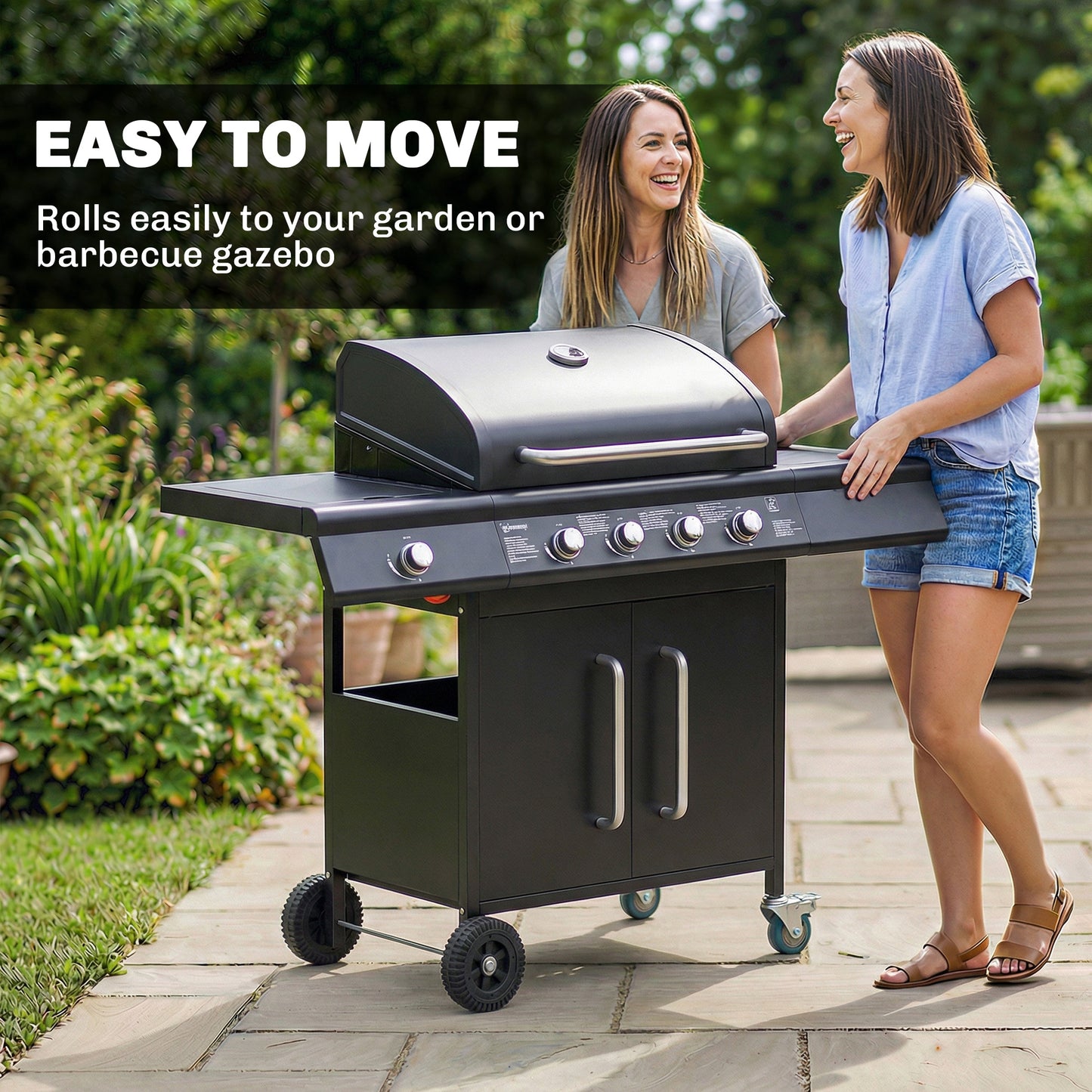 Outsunny 5 Burner Gas BBQ Grill With Storage Cabinet And Side Table, 15.2 kW Trolley, Warming Rack, 4 Wheels