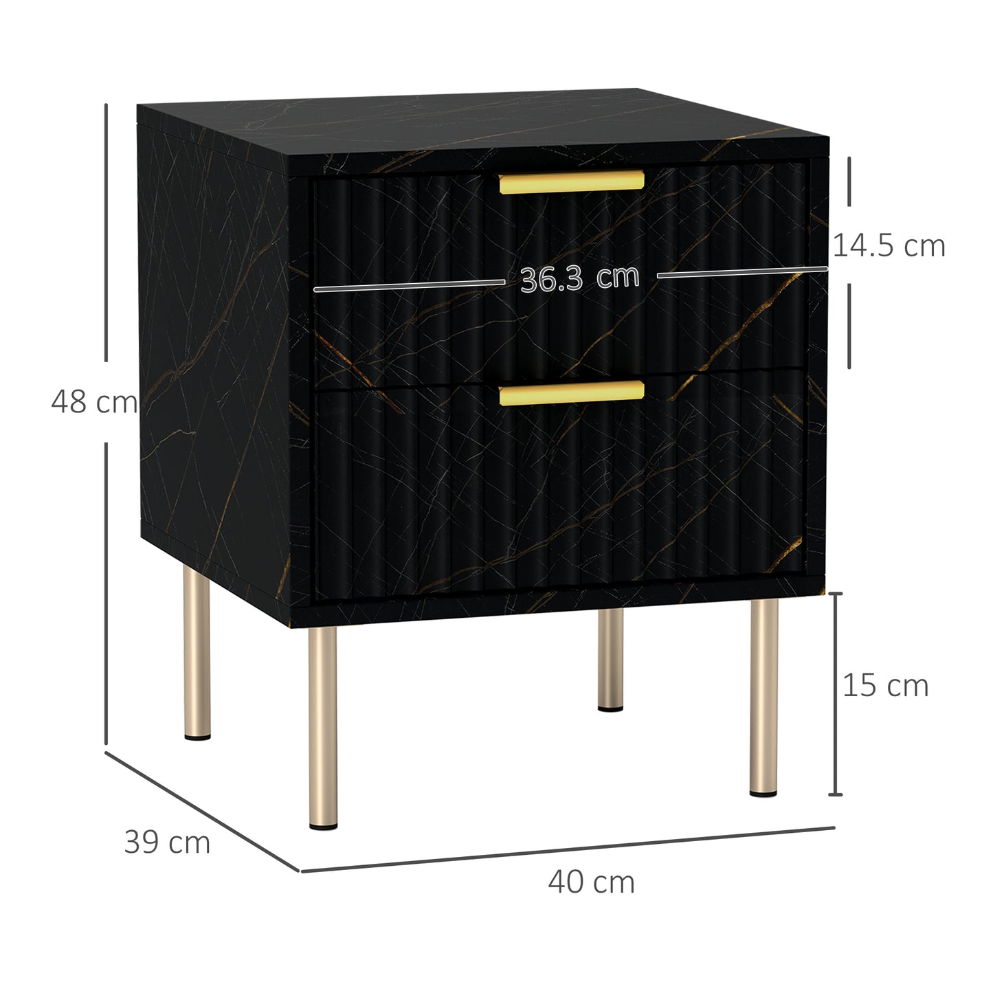 Homcom Elegant Two Drawer Bedside Table Black Marble Pattern With Fluted Drawers And Gold Accents