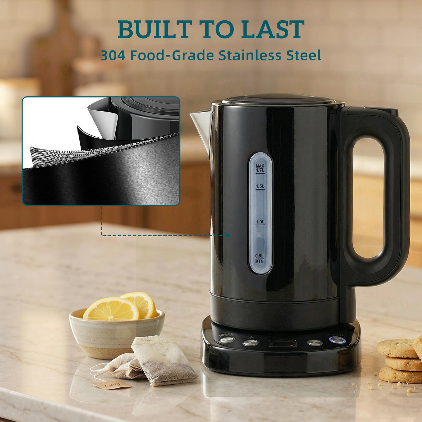 HOMCOM 1.7L Electric Kettle 3kW Fast Boil UK Strix Thermostat Keep Warm LCD Base Black