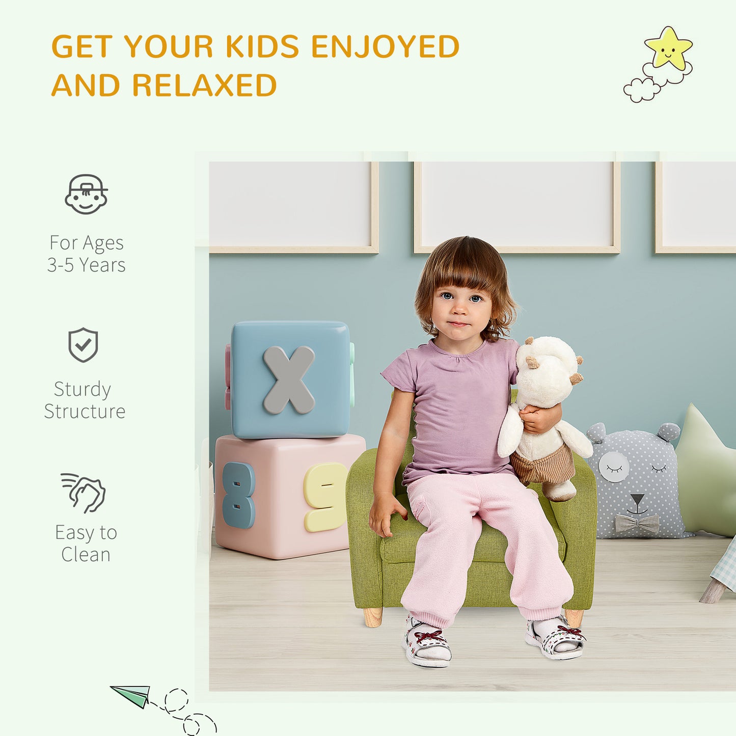 HOMCOM Children Armchair Mini Sofa With Wood Frame Anti Slip Legs High Back For Cozy Kids Seating