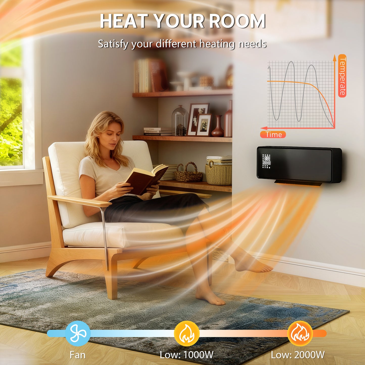 HOMCOM 2000W Ceramic Electric Heater With Fan And Adjustable Thermostat Wall Mounted Black