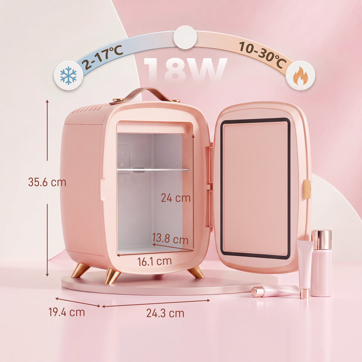Pink mini fridge with open door and control panel showing temperature range