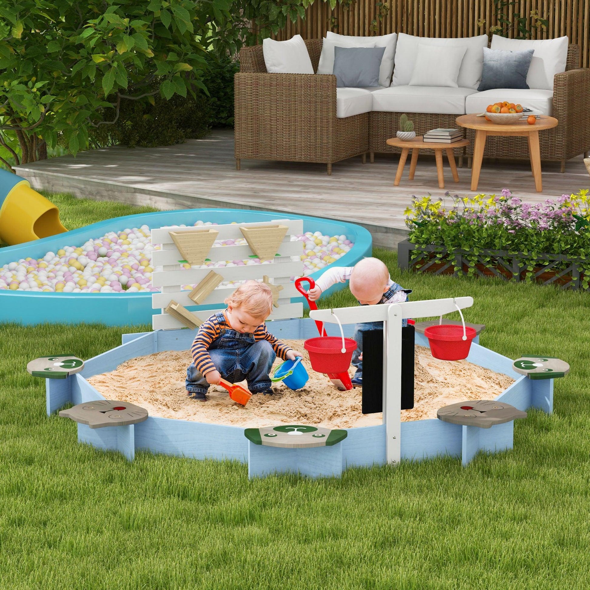 Outsunny Wooden Kids Sandbox with 6 Seats Blue - ALL4U RETAILER LTD