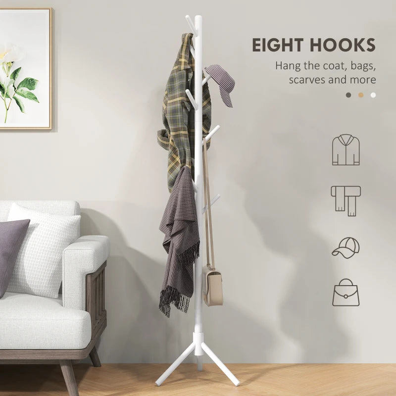 HOMCOM 8-Hook Wooden Coat Rack - White, Freestanding Entryway Organizer - ALL4U RETAILER LTD