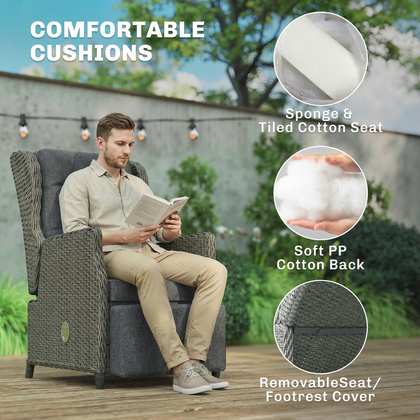 Outsunny Rattan Garden Recliner Chair With Adjustable Back And Footrest Flip Table Cushion Dark Grey