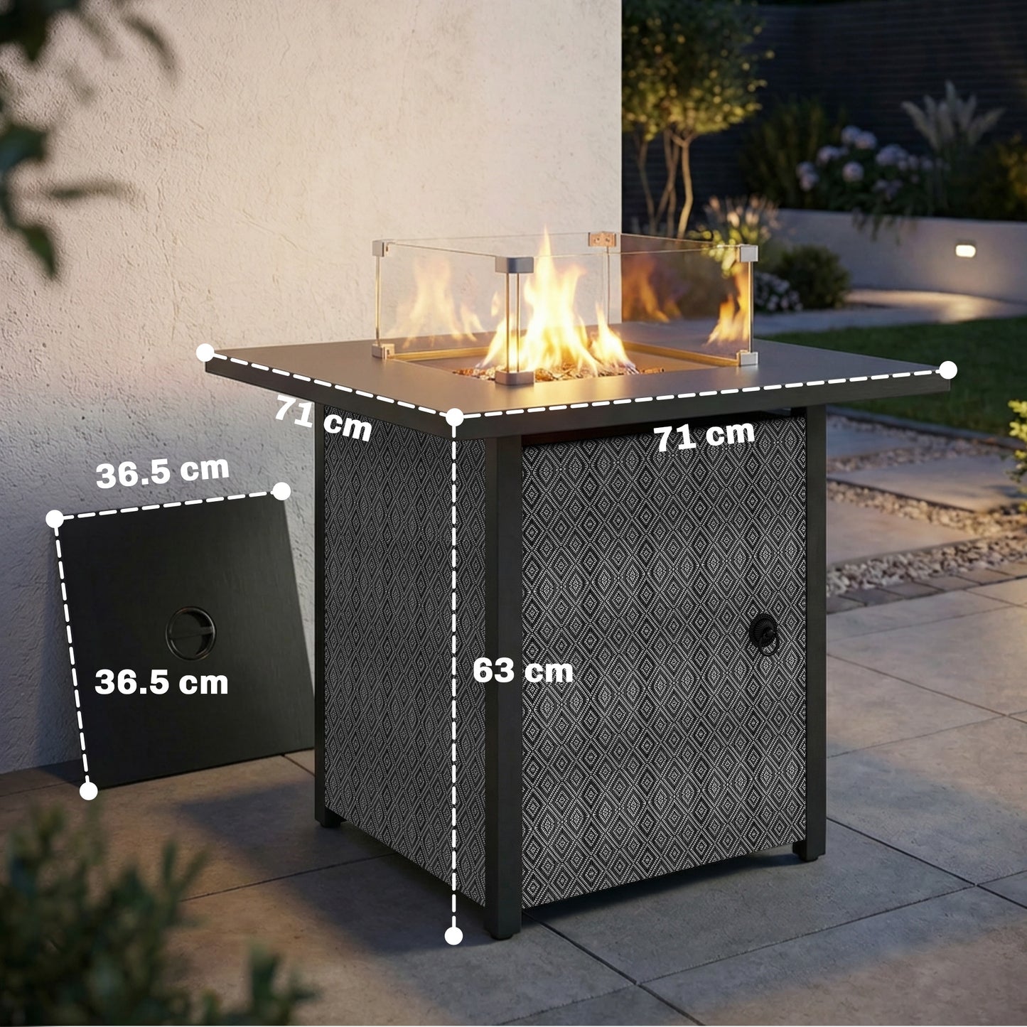 Outsunny Propane Gas Fire Pit Table Outdoor Garden 11.7 KW Smokeless Heater With Wind Guard Glass Rocks Lid Black