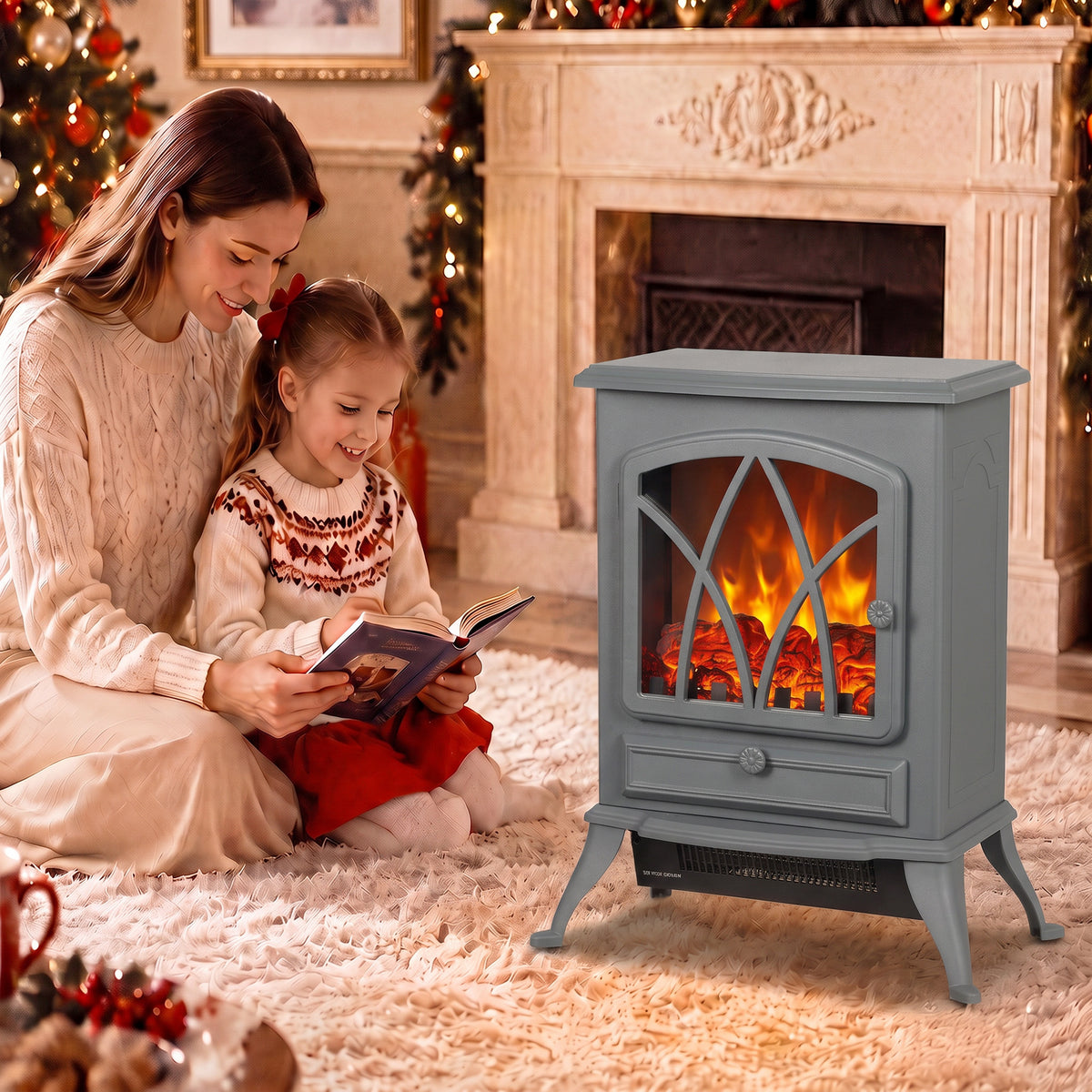 HOMCOM 1KW To 2KW Vintage Electric Fireplace Heater Grey With Thermostat