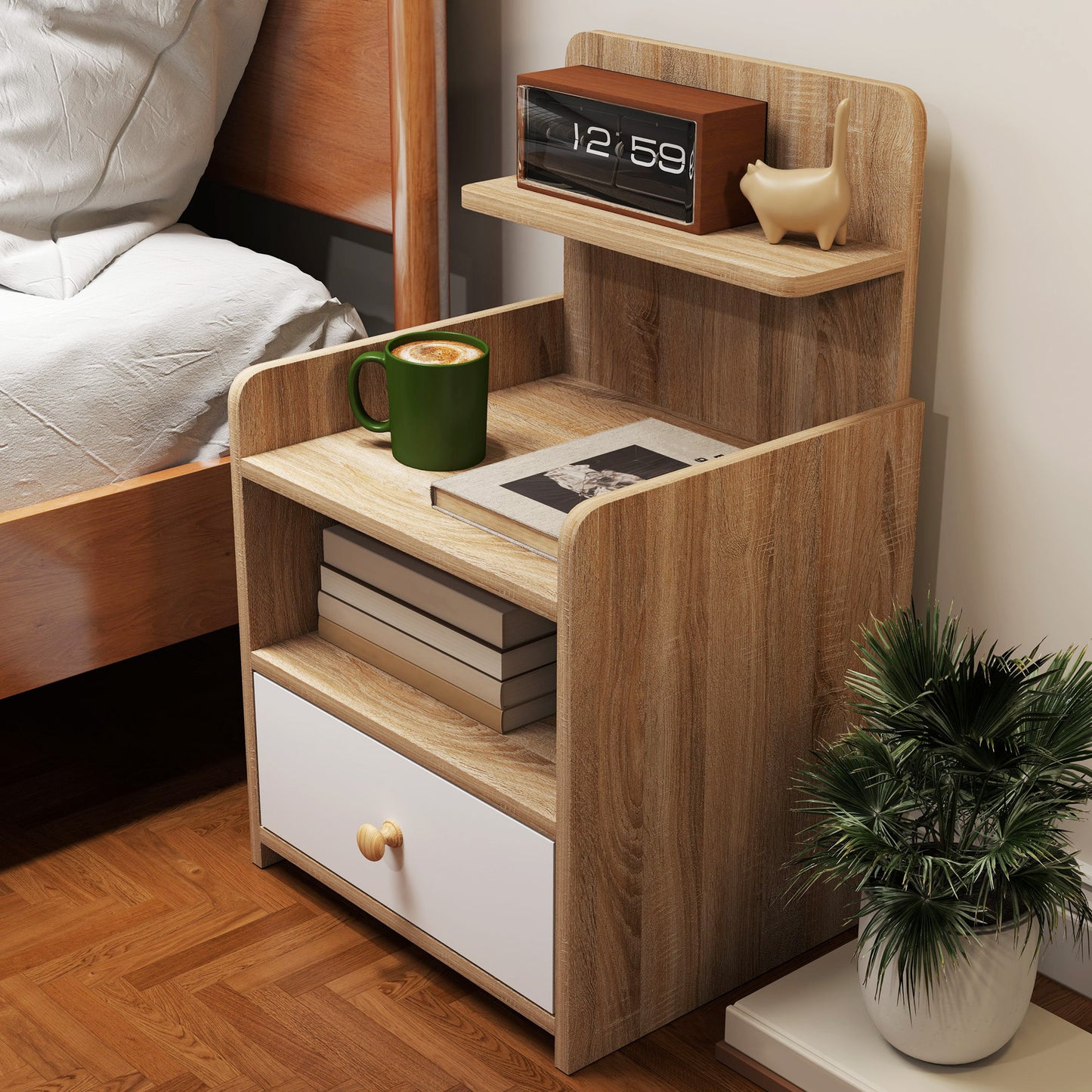 HOMCOM Multi Storage Bedside Table White Wood Effect With Drawer And Three Shelves