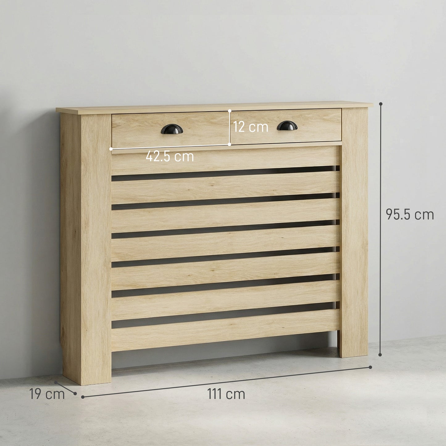 HOMCOM Oak Radiator Cover With Drawer 95.5H X 111W cm Slatted MDF And Particle Board