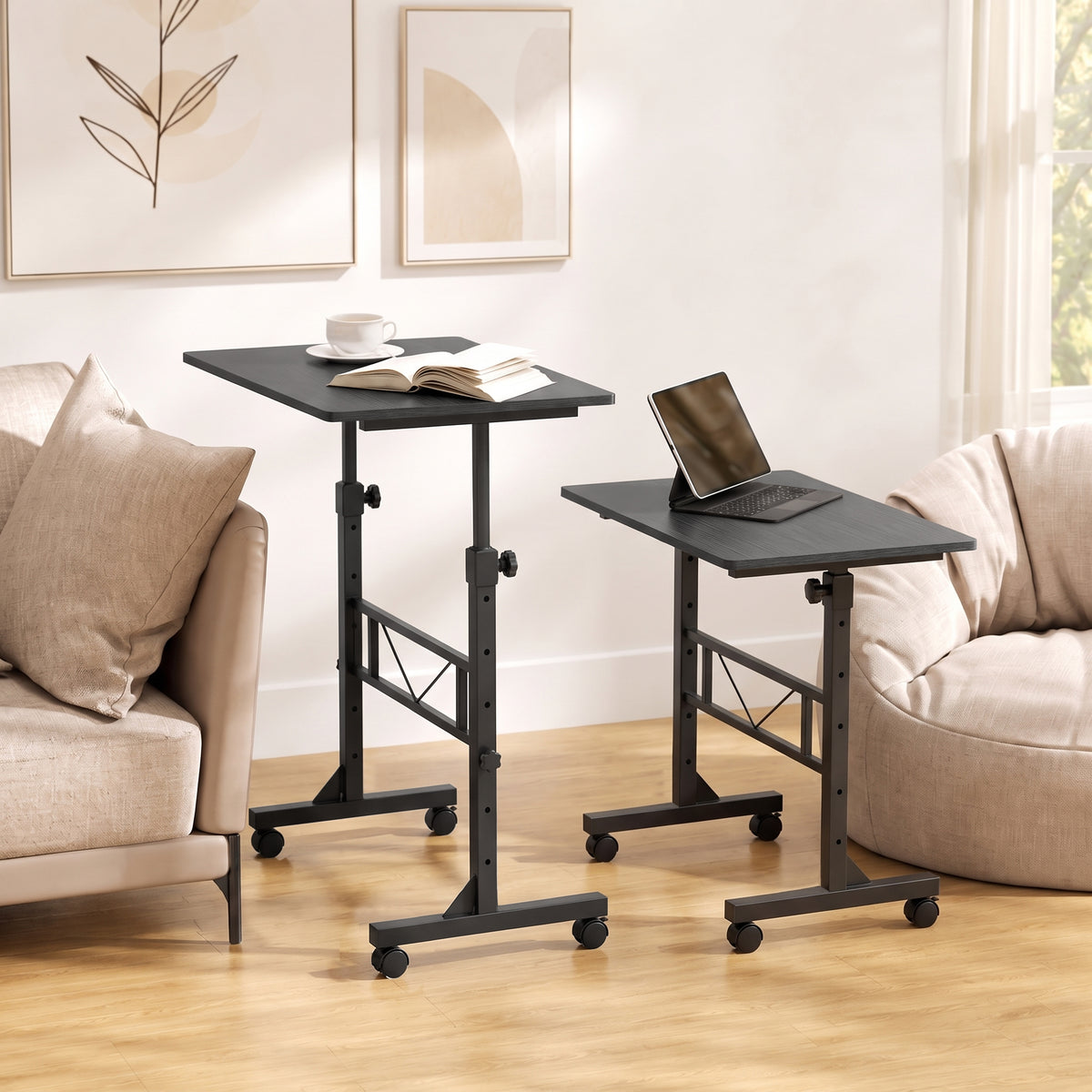 Adjustable overbed table with black top, open frame, and locking caster wheels