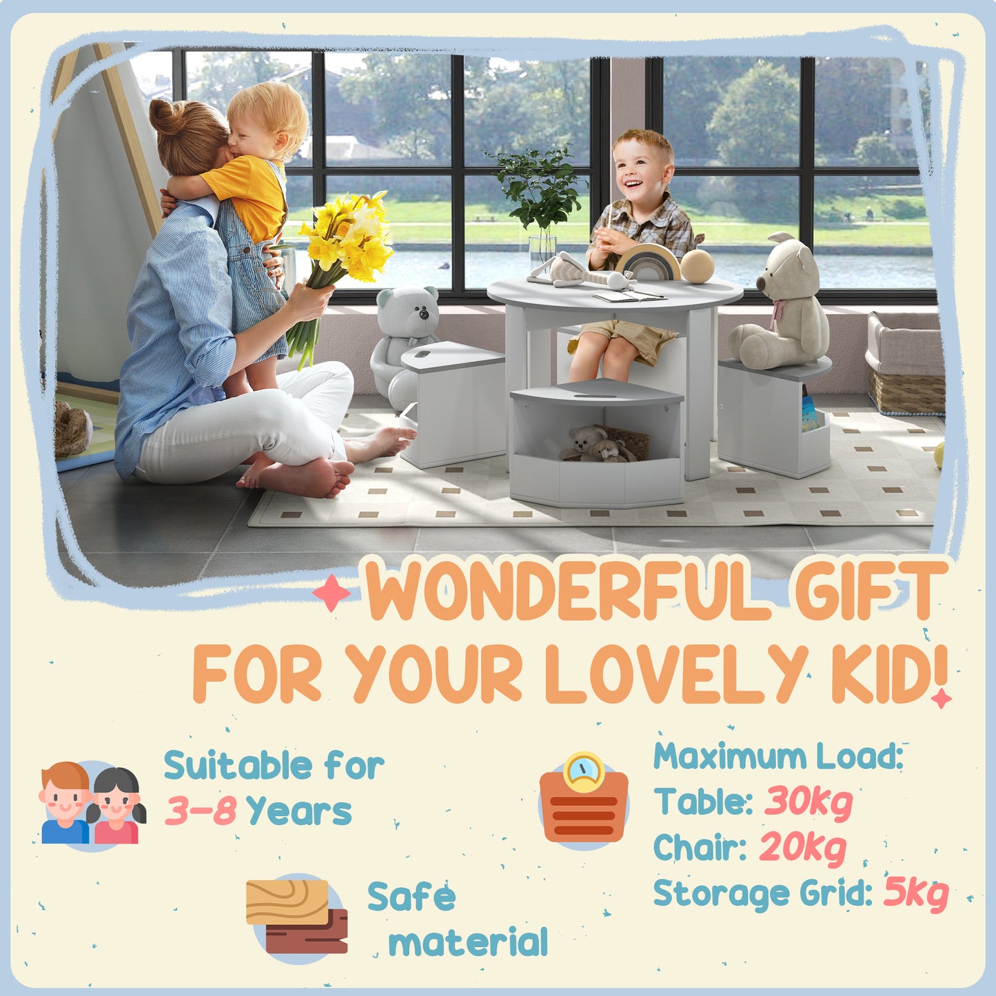 AIYAPLAY Five Piece Kids Table And Chairs Set With Storage For Ages 3 To 8 In Grey Space Saving Design