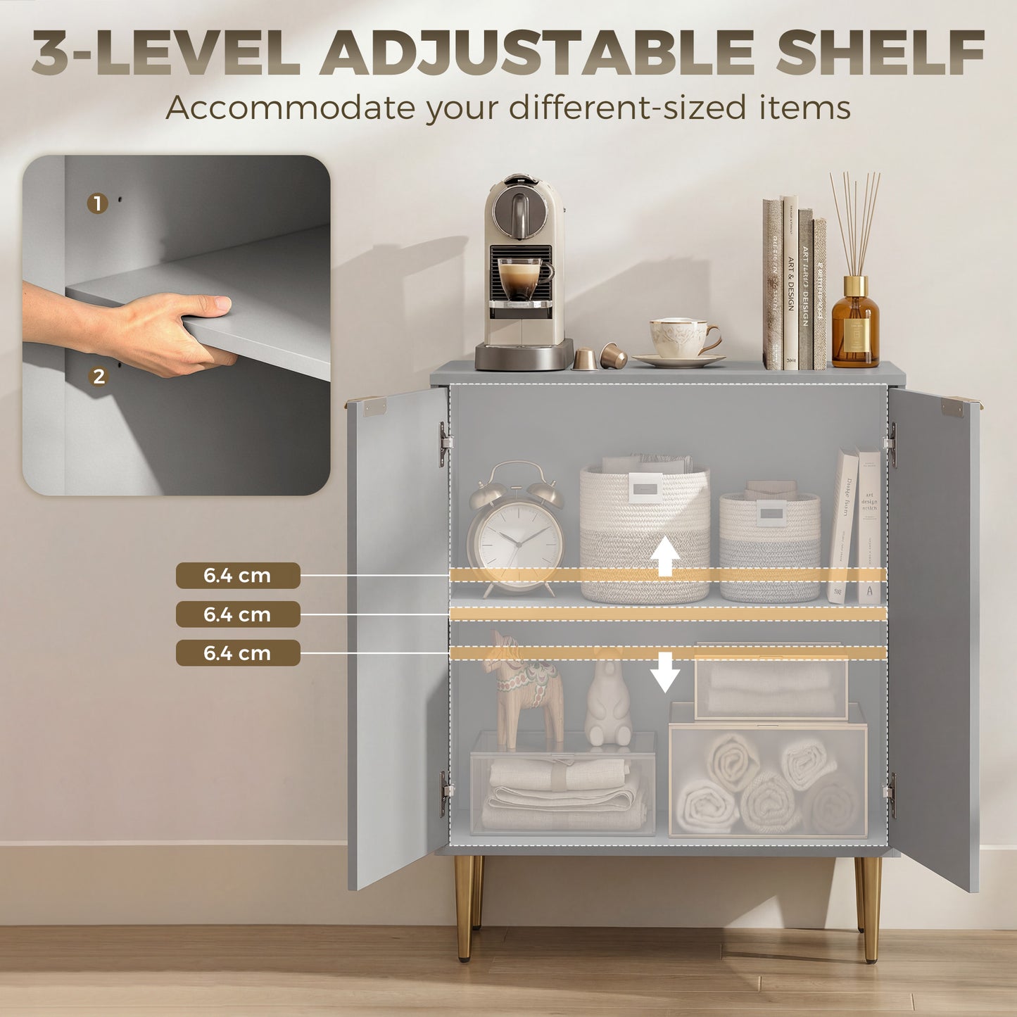 HOMCOM Sideboard Buffet Cabinet Modern Kitchen Storage With Adjustable Shelf And Metal Legs Grey