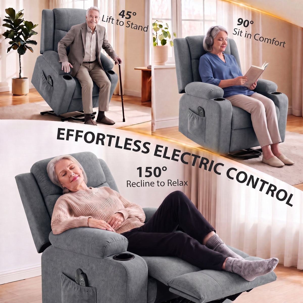 Gray electric recliner chair showing multiple reclining and lift-to-stand positions
