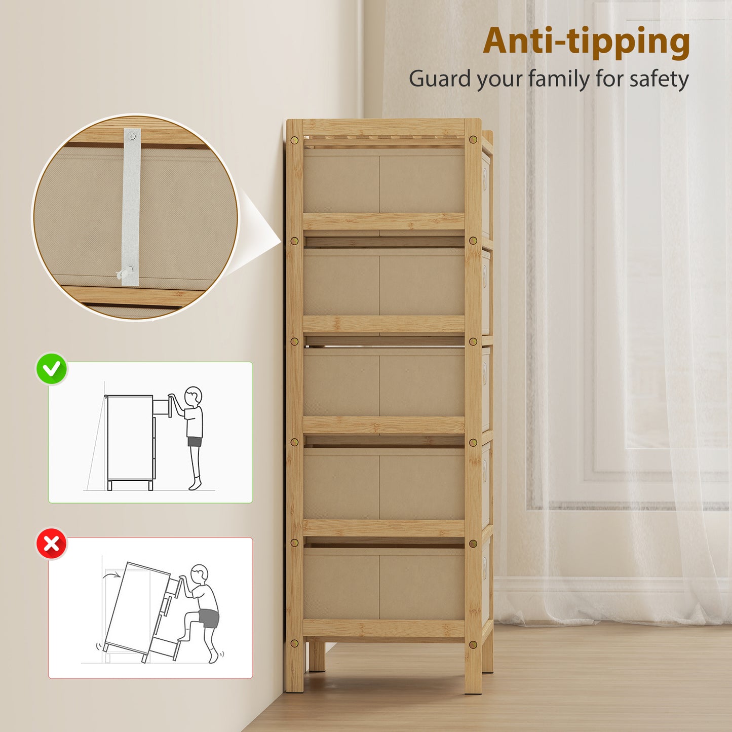 HOMCOM Five Drawer Fabric Dresser Narrow Chest With Bamboo Frame Cream White For Bedroom Organization