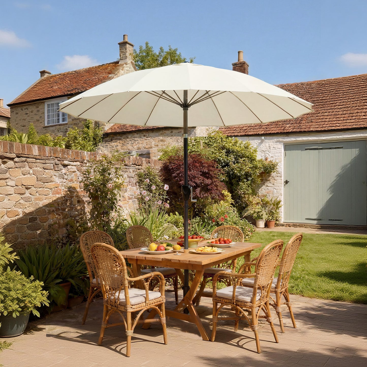 Outsunny 2 m Shanghai Garden Parasol Umbrella With 16 Fibreglass Ribs Crank Tilt Cream White Outdoor Sun Shade