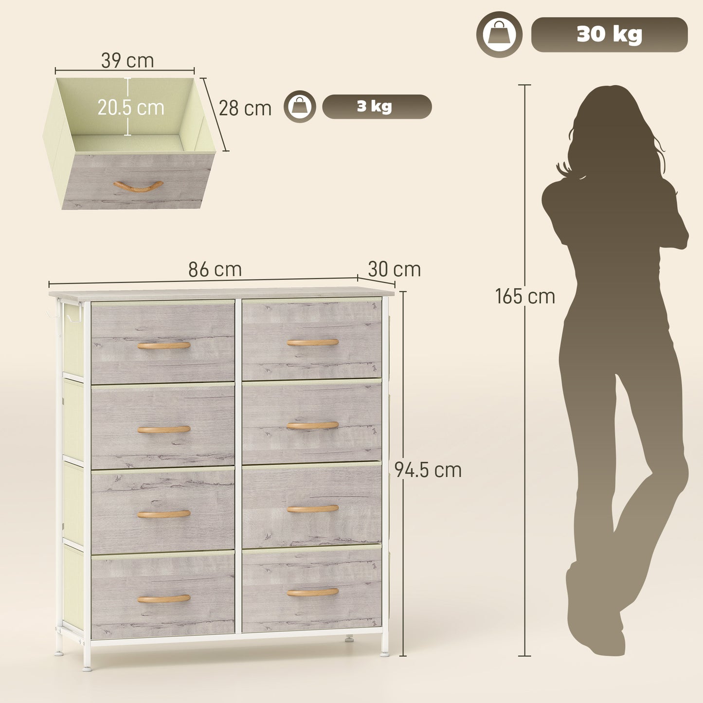 HOMCOM Chest Of Eight Fabric Drawers With Natural Wood Finish And Steel Frame Storage Organizer