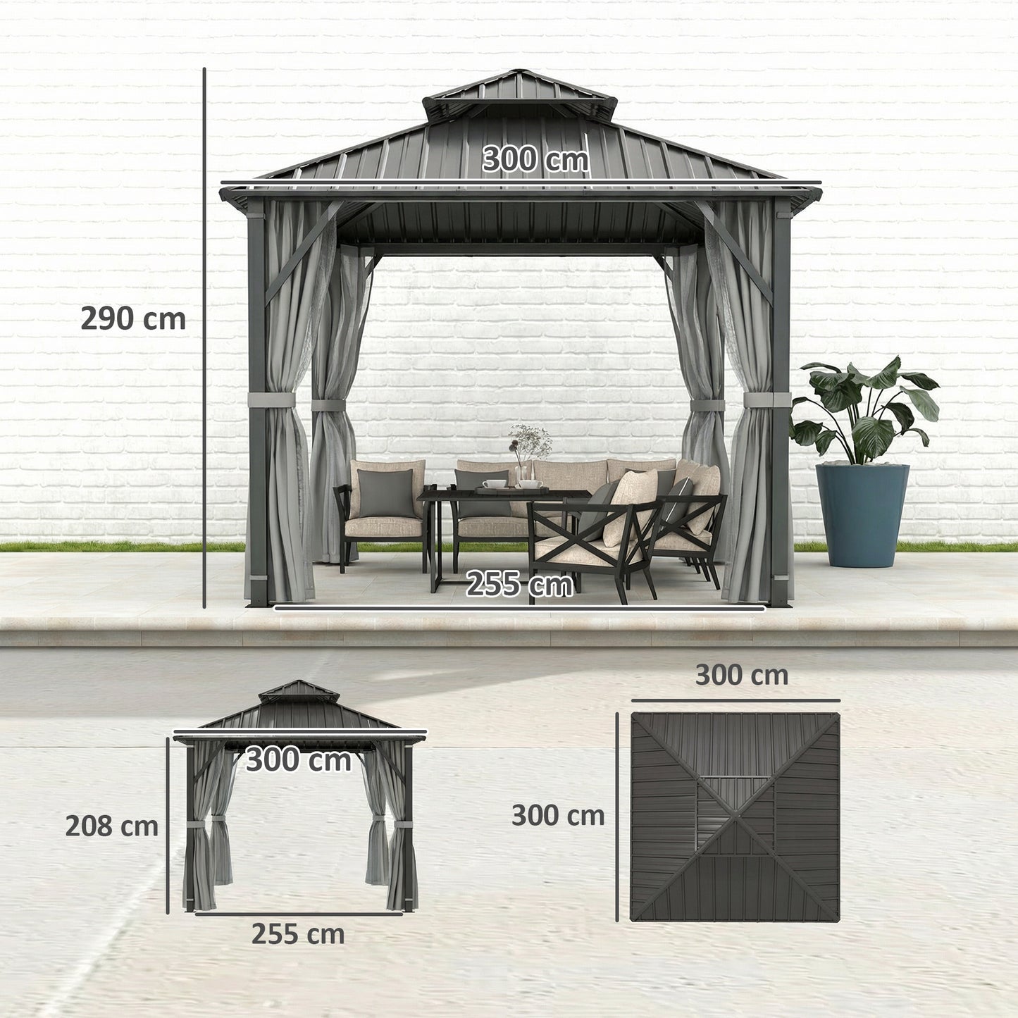 Outsunny 3 x 3m Hardtop Gazebo With Metal Roof Waterproof Permanent Pavilion Garden Canopy Netting Curtains Grey