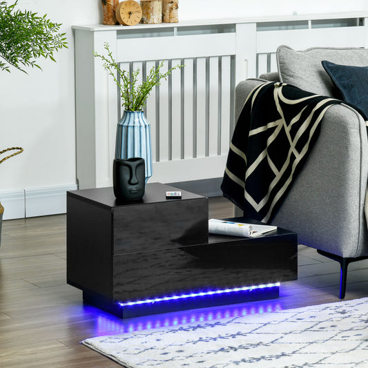 HOMCOM High Gloss Front Bedside Nightstand With Drawers RGB LED Light And Remote Black