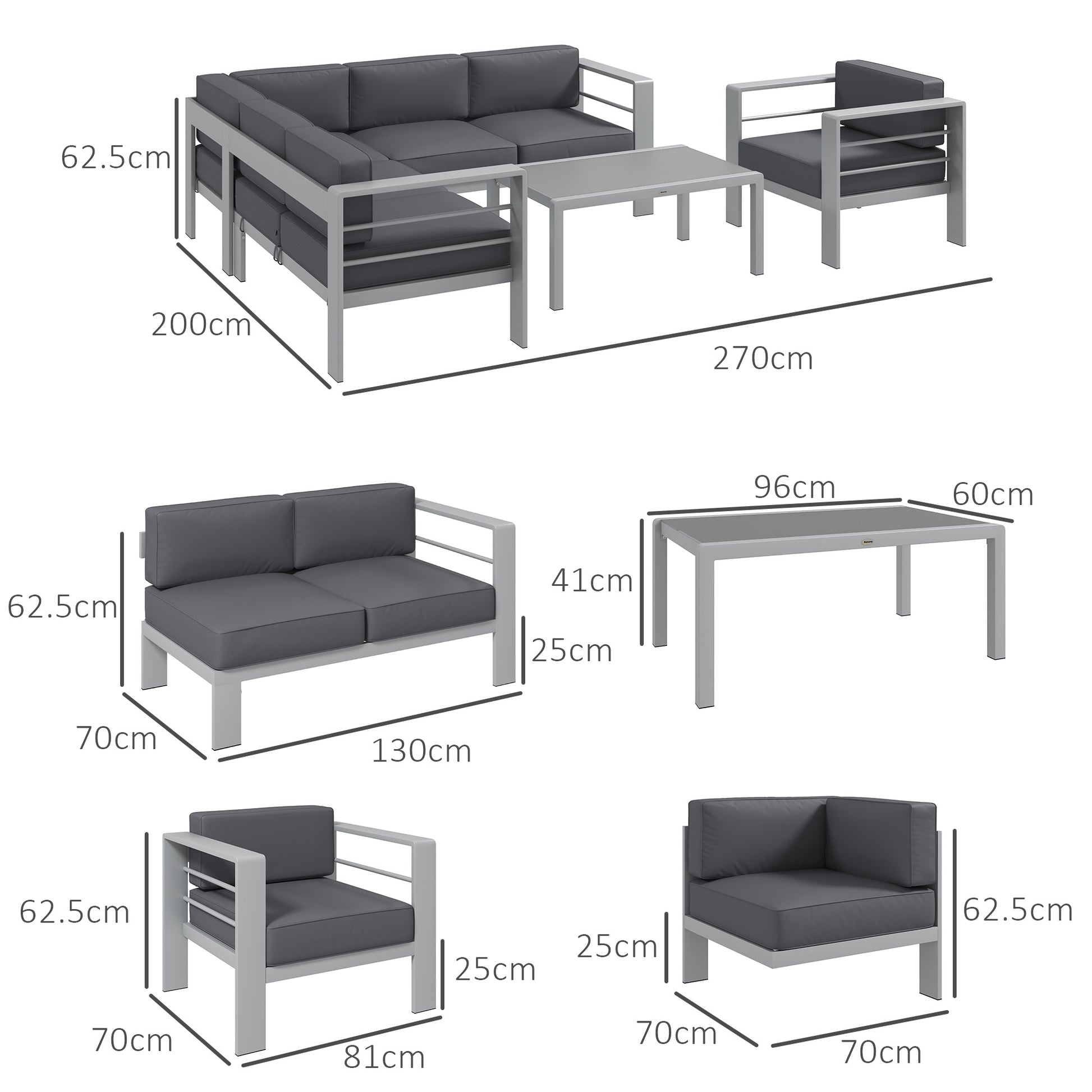 Outsunny Stylish Five-Piece Aluminium Outdoor Sofa Set with Glass-Top Table - Light and Dark Grey - ALL4U RETAILER LTD