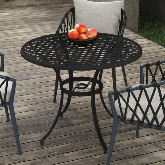 Outsunny Round Garden Table with Parasol Hole, 90cm Cast Aluminium Outdoor Dining Table for 2-4 for Balcony - Black - ALL4U RETAILER LTD