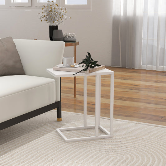 HOMCOM Modern C-Shaped White Side Table with Steel Frame and Wood-Effect Top for Living Room - ALL4U RETAILER LTD