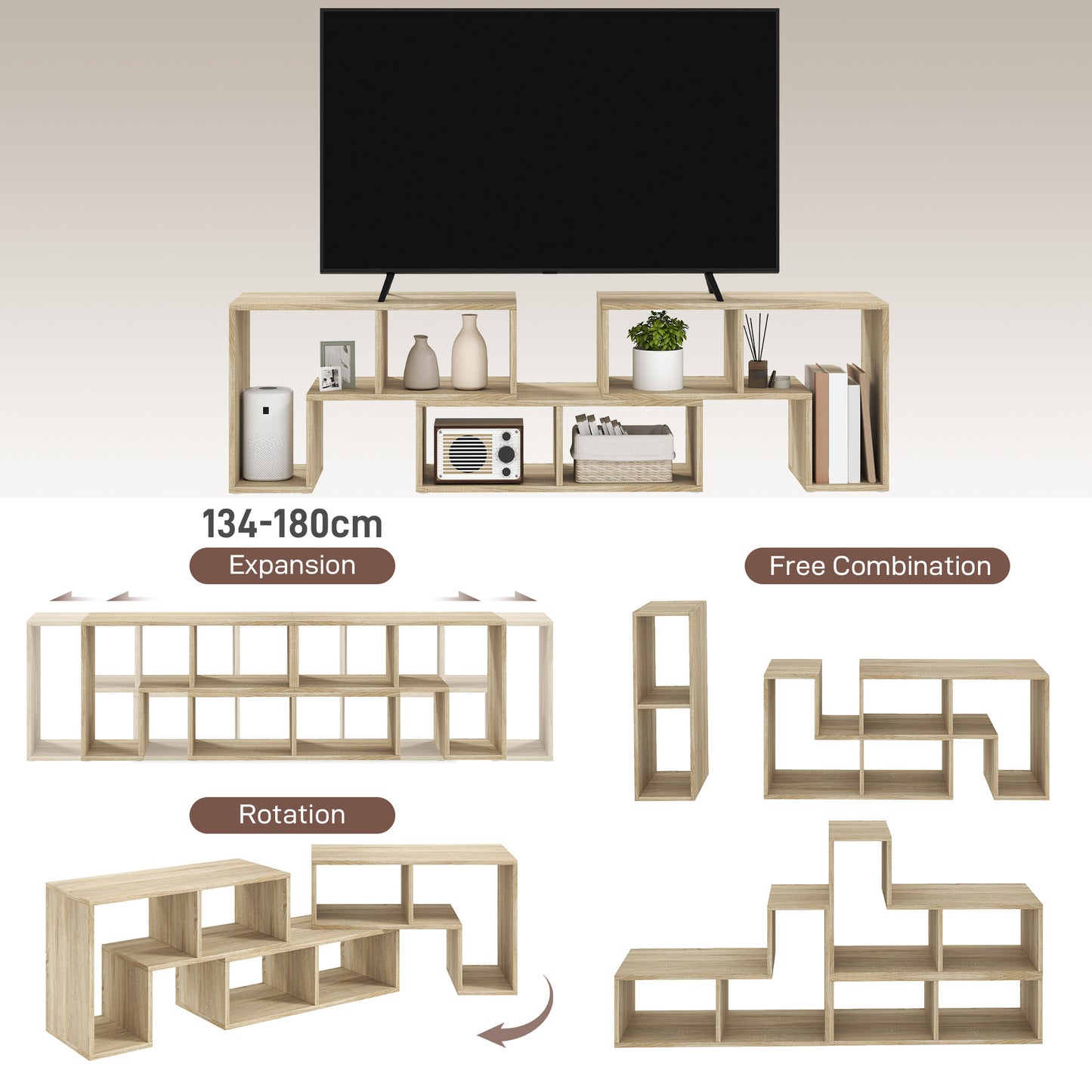 HOMCOM Three Block Modular TV Stand Grey Wood Effect with Six Shelves for Up to 75 Inch TVs