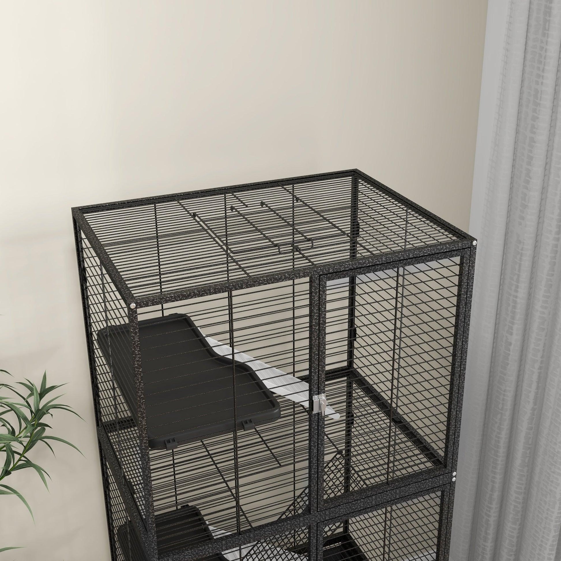 PawHut Rolling Chinchilla Cage, Small Animal Cage for Ferrets w/ Three Doors, Storage, Shelf, Tray Tray, Bowl, Water Bottle - ALL4U RETAILER LTD