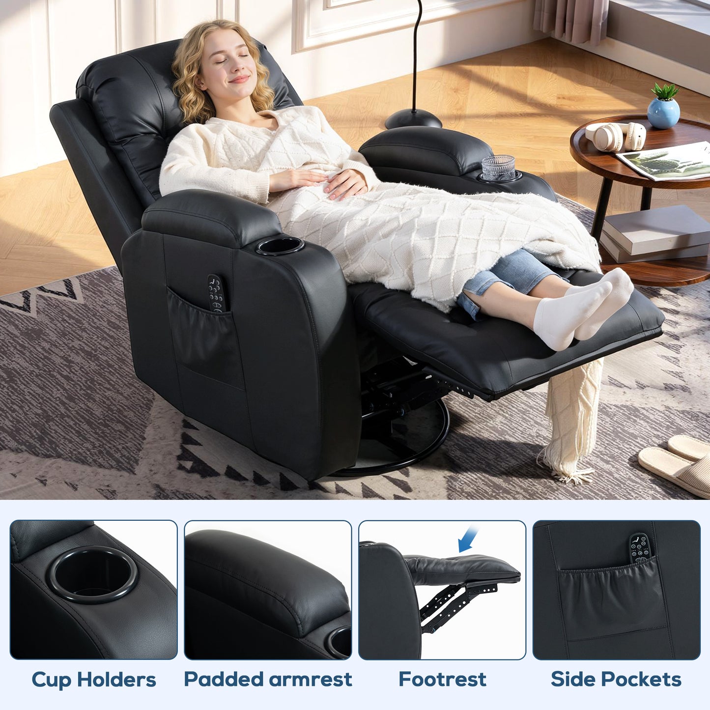 HOMCOM PU Leather Vibrating Massage Recliner Chair With Extended Footrest Cup Holders And Side Pockets Black