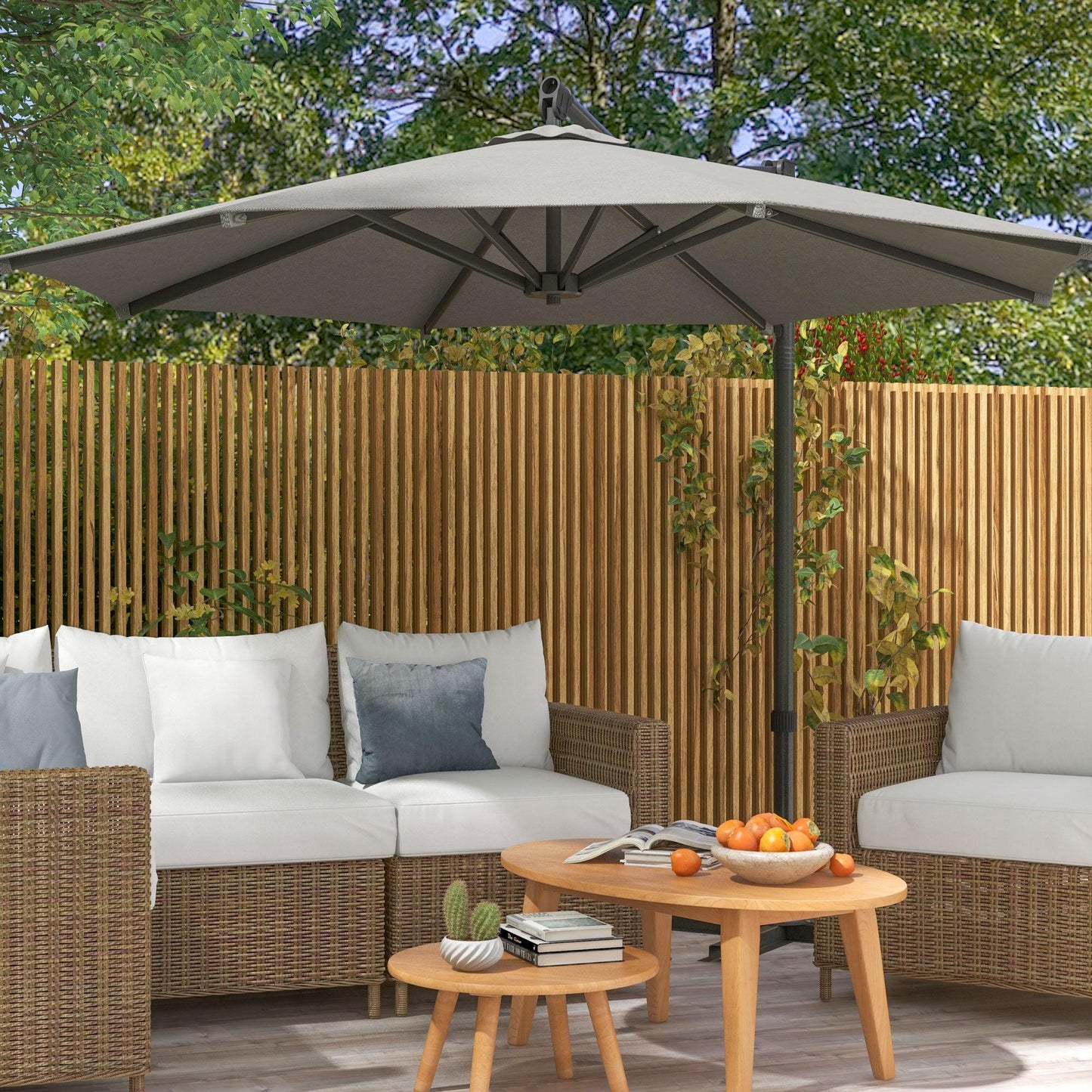 Outsunny 3 m Cantilever Banana Parasol with Cross Base, 360Â° Rotation Patio Umbrella with Crank Handle, Tilt, Light Grey - ALL4U RETAILER LTD