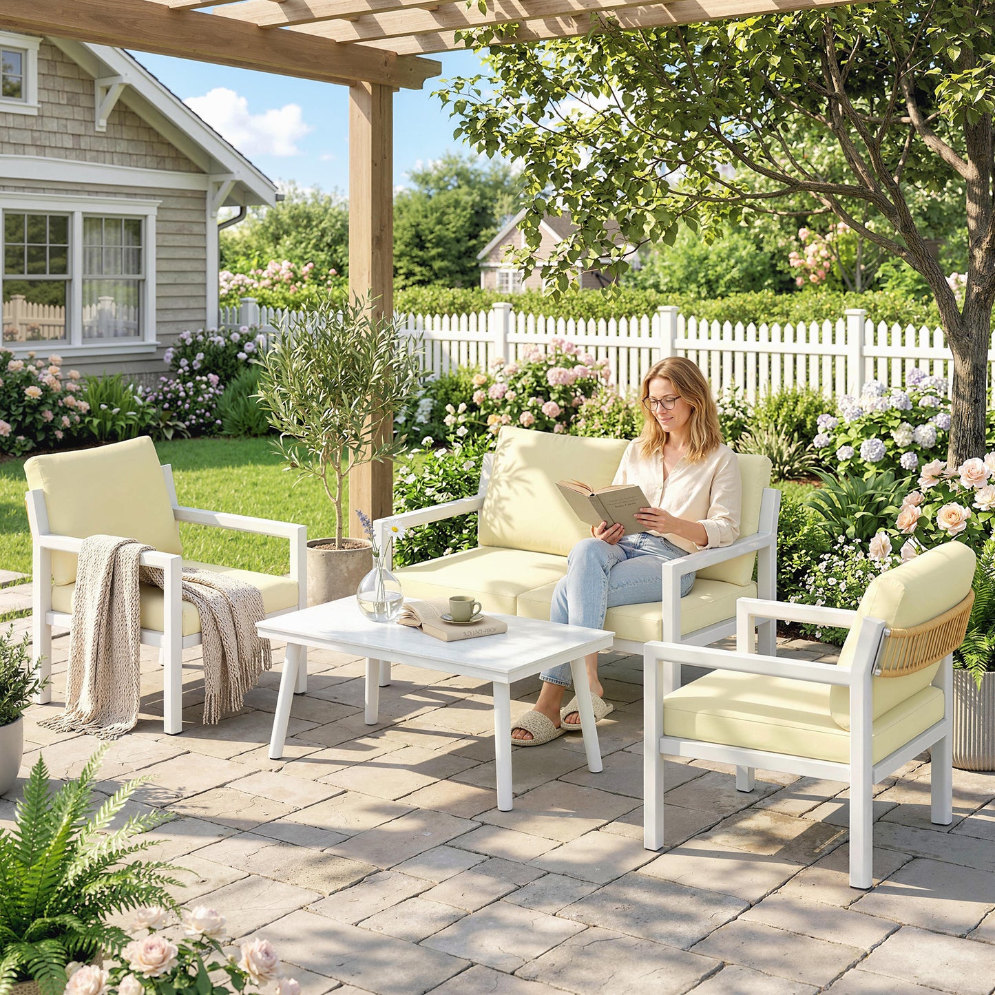 Outsunny 4 Seater Rattan Garden Furniture Set With Armchairs Loveseat Coffee Table Cushions Brown
