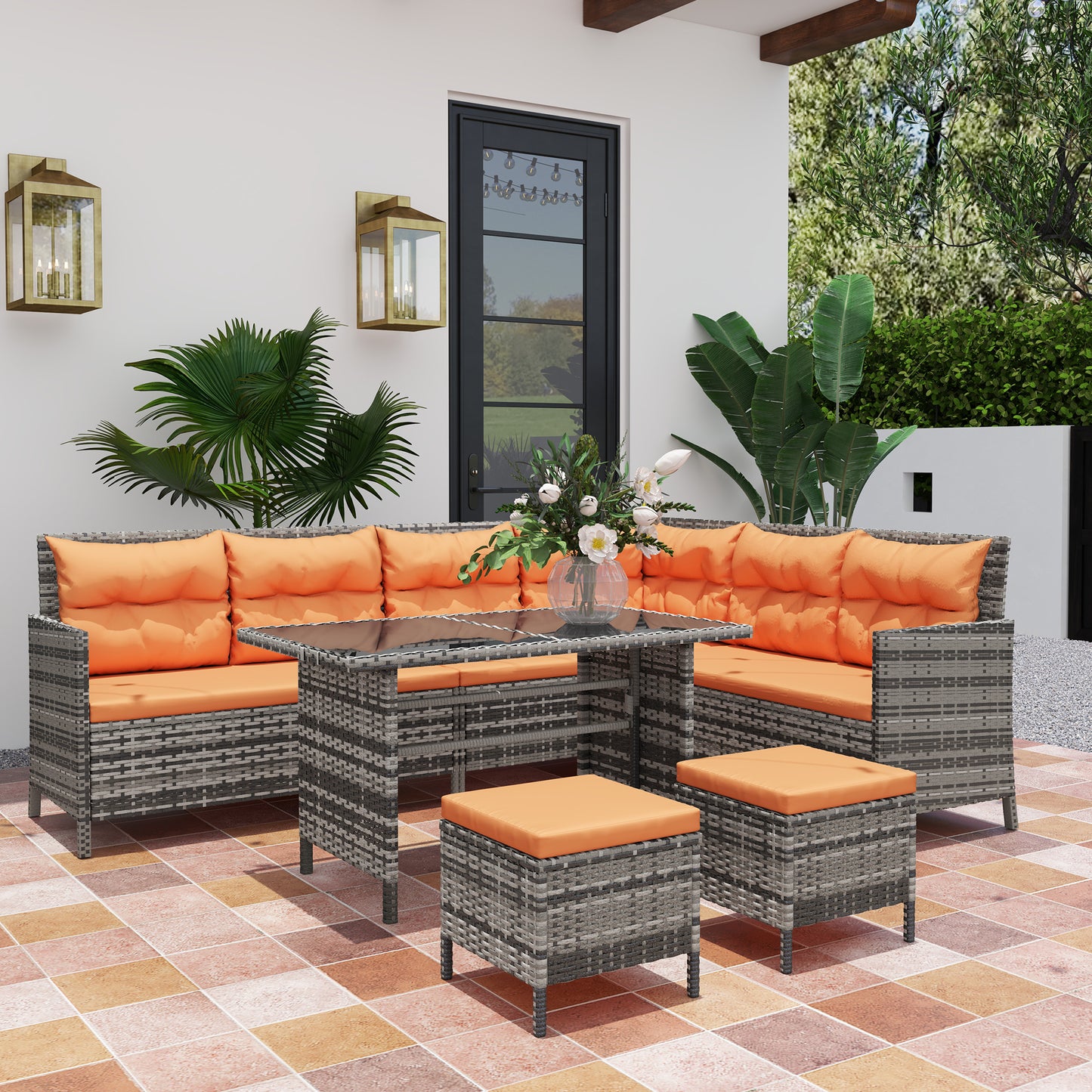 Outsunny 7 Seater Patio Wicker Sofa Set Rattan Furniture With Glass Table Cushions Orange