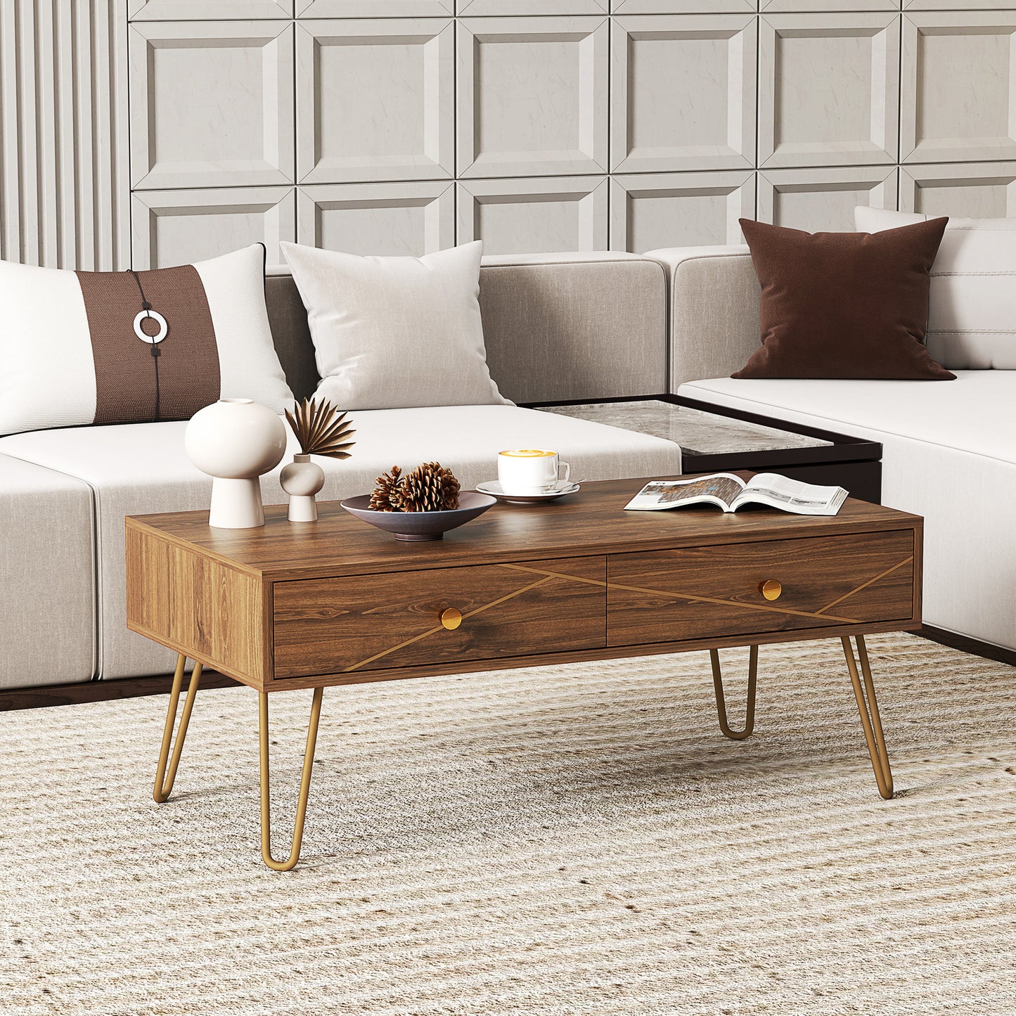 HOMCOM Coffee Table With Storage And Drawers, Rectangular Living Room Table With Steel Base Brown 100 x 50 x 41 cm