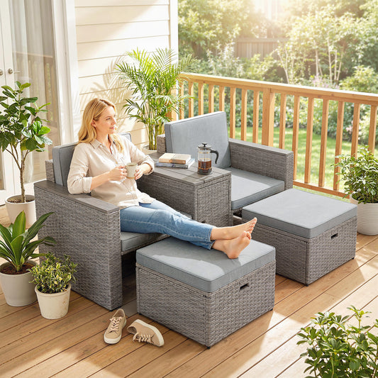 Outsunny 5 Piece Rattan Garden Furniture Set with Storage Table Cushions and Footstools in Dark Grey for Outdoor Patio