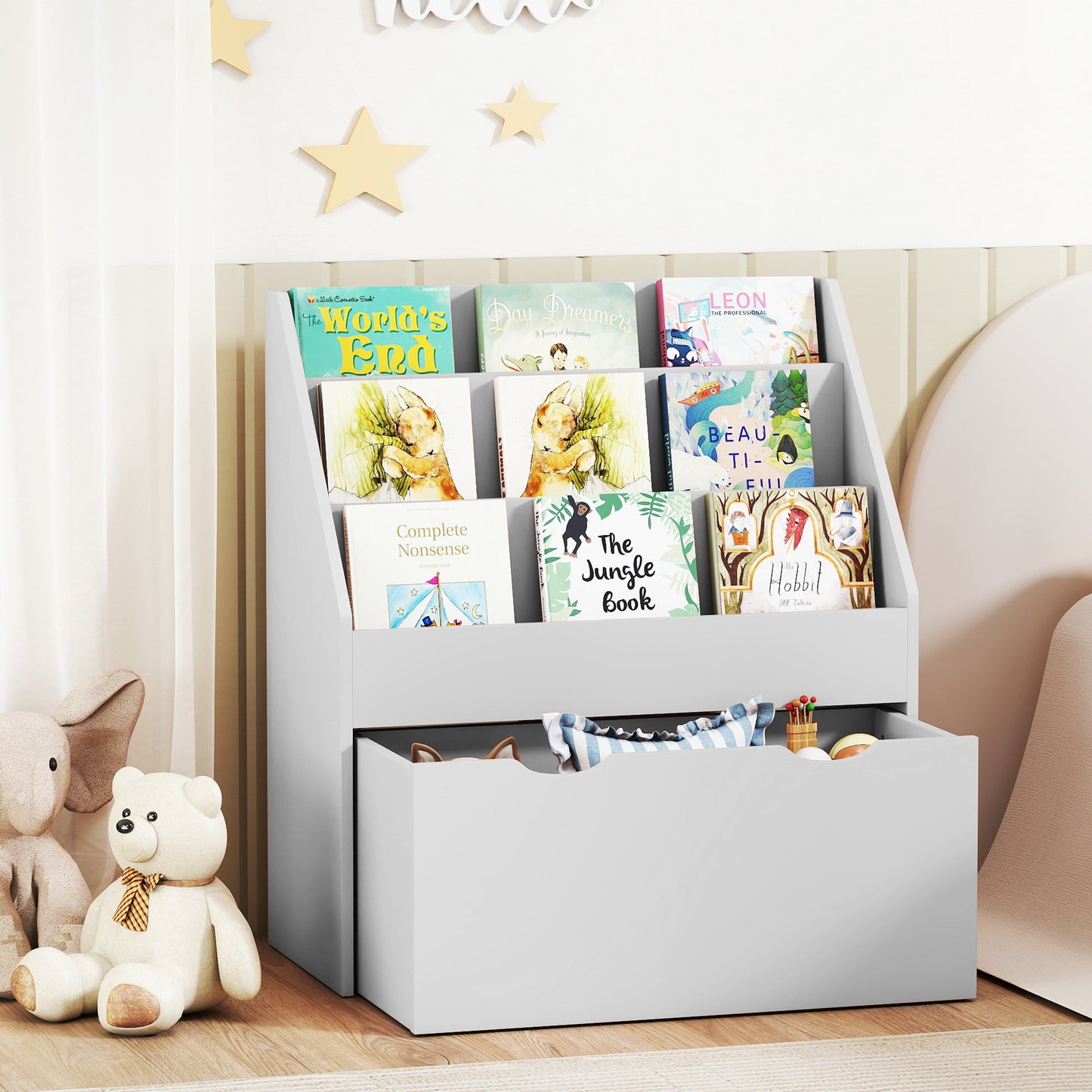 AIYAPLAY Kids Bookcase With Three Shelves And Drawer On Wheels In Grey For Bedroom And Playroom