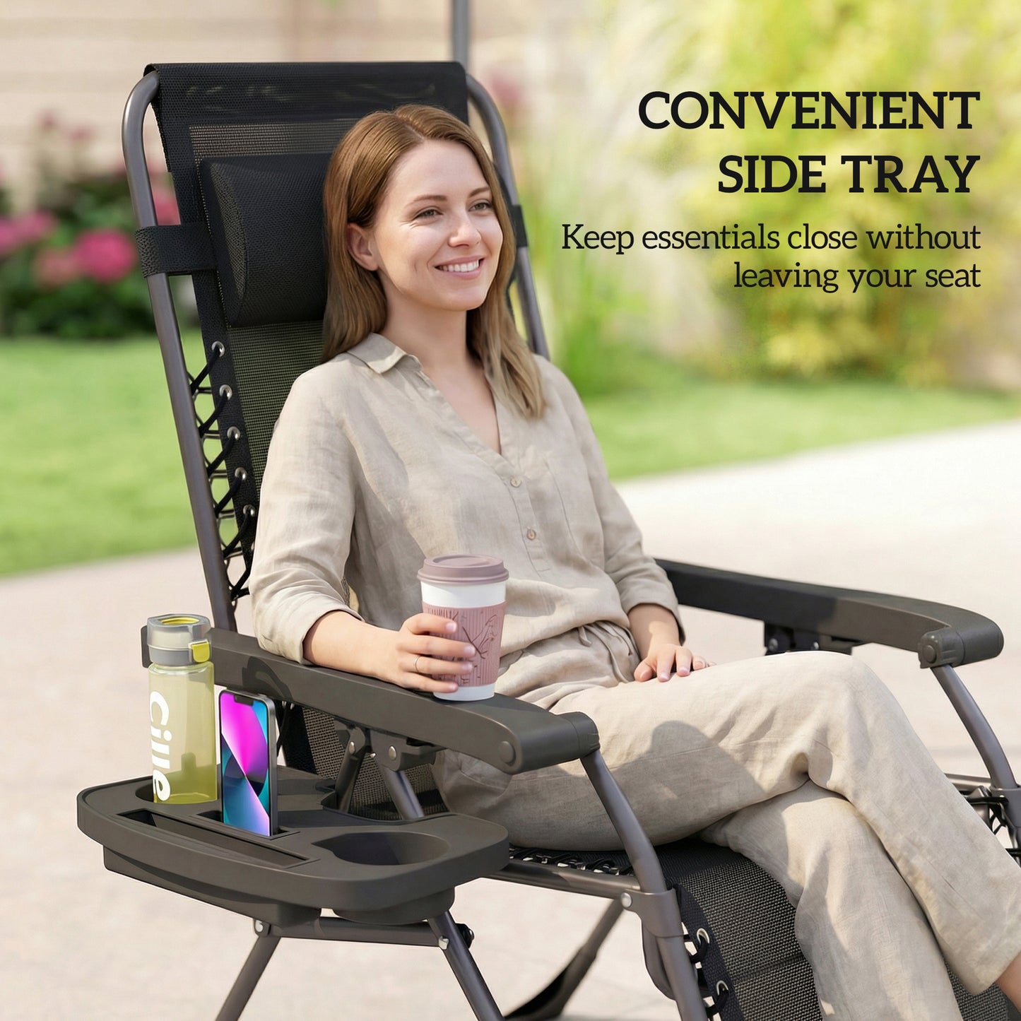 Outsunny Zero Gravity Chairs Set of 2 Folding Sunloungers Reclining Garden Chairs with Cup Holder and Headrest Black