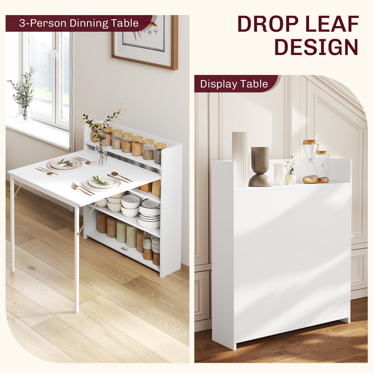 HOMCOM Extendable Folding Dining Table With 4 Tier Shelves Drop Leaf Kitchen Table White