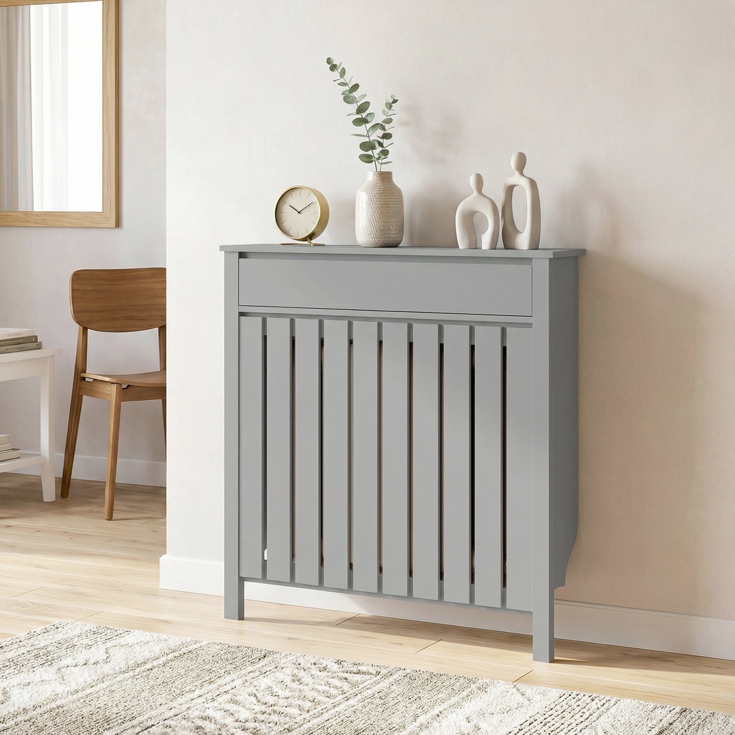 HOMCOM Rustic Grey Radiator Cover 93 By 88.5 Cm MDF Vertical Slat Design For Efficient Heat Escape