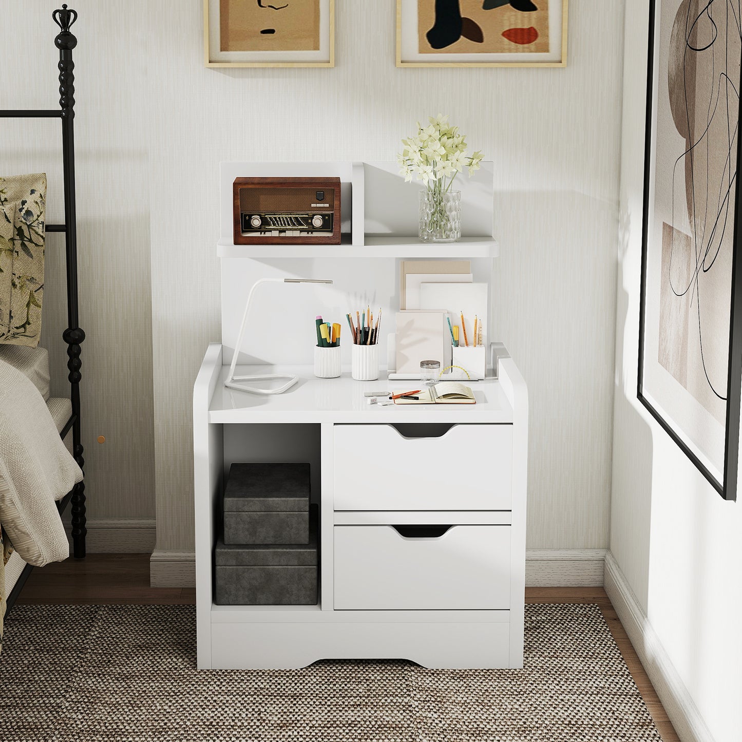 HOMCOM Bedside Table With 2 Drawers And Open Shelves For Alarm Clocks Books And Decor In High Gloss White