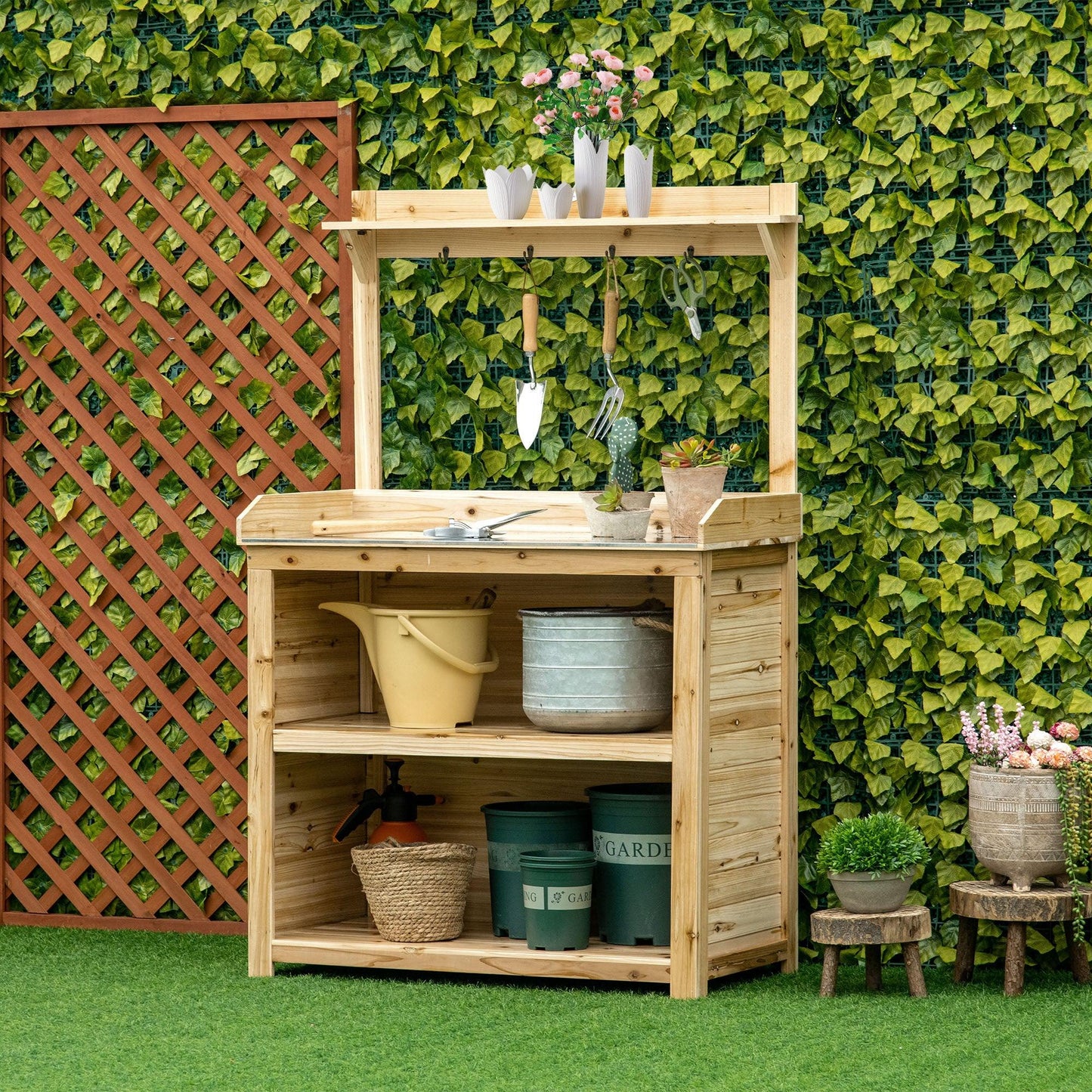 Outsunny Potting Bench Table Workstation w/ Galvanized Tabletop, Storage Shelf - ALL4U RETAILER LTD