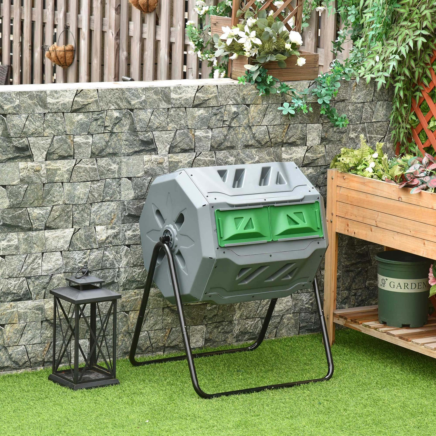 Outsunny 160L Outdoor Dual Chamber Tumbling Composter with 360° Rotation, Sliding Doors & Sturdy Steel Frame in Grey - ALL4U RETAILER LTD