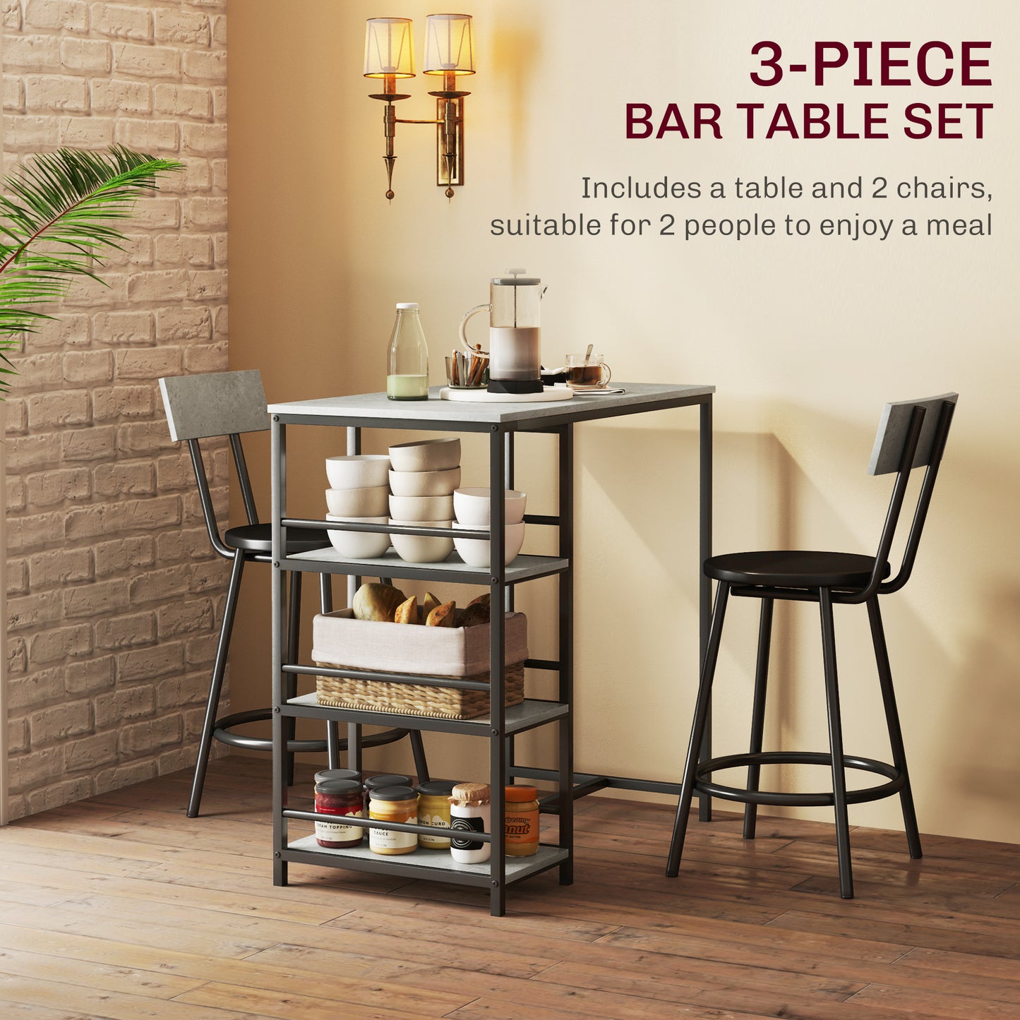 HOMCOM Three Piece Kitchen Dining Set With Shelves Space Saving Grey And Black Bar Table And Two Bar Chairs