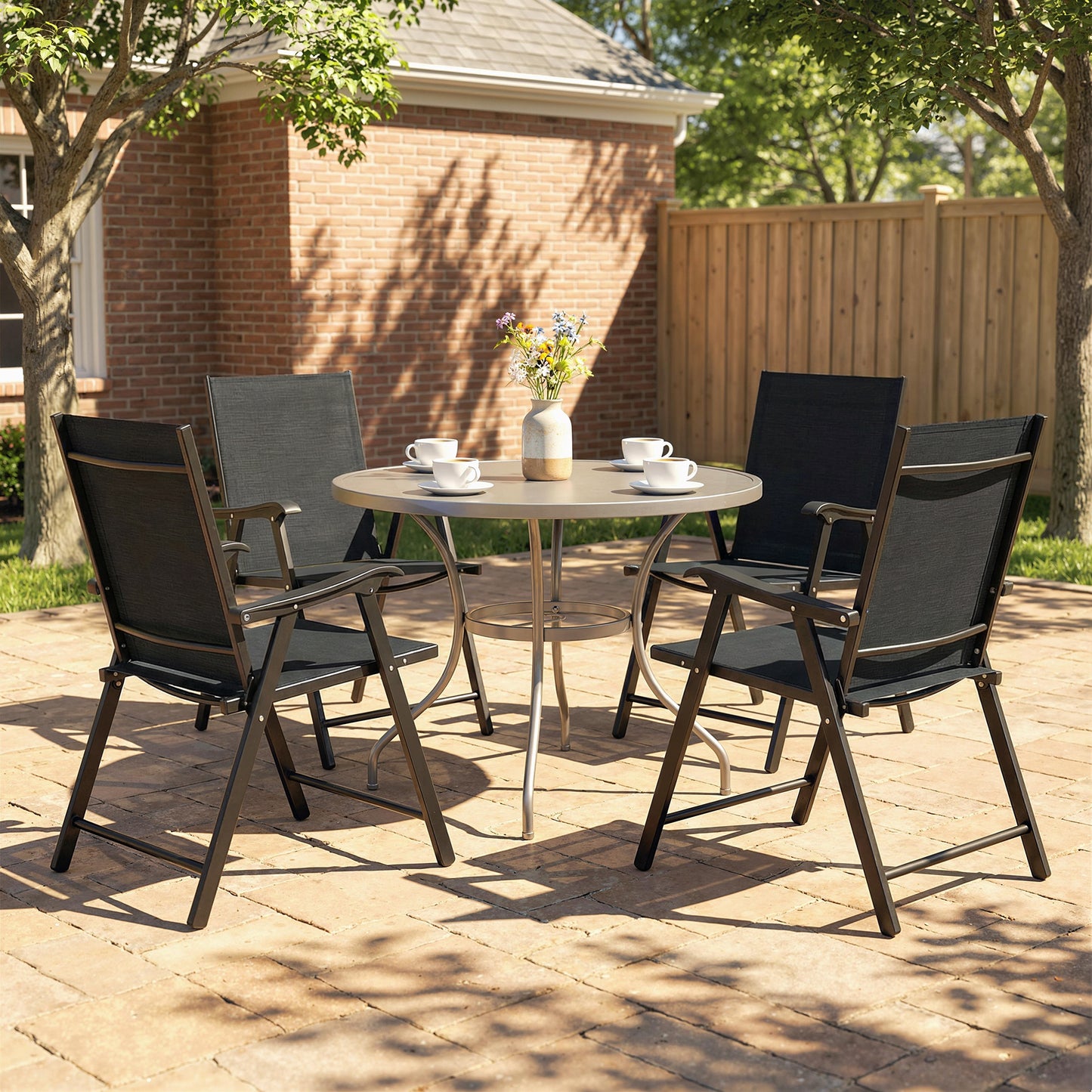 Outsunny Folding Garden Chairs Set Of 4 High Back Foldable Dining Chairs With Armrests Texteline Seat Black