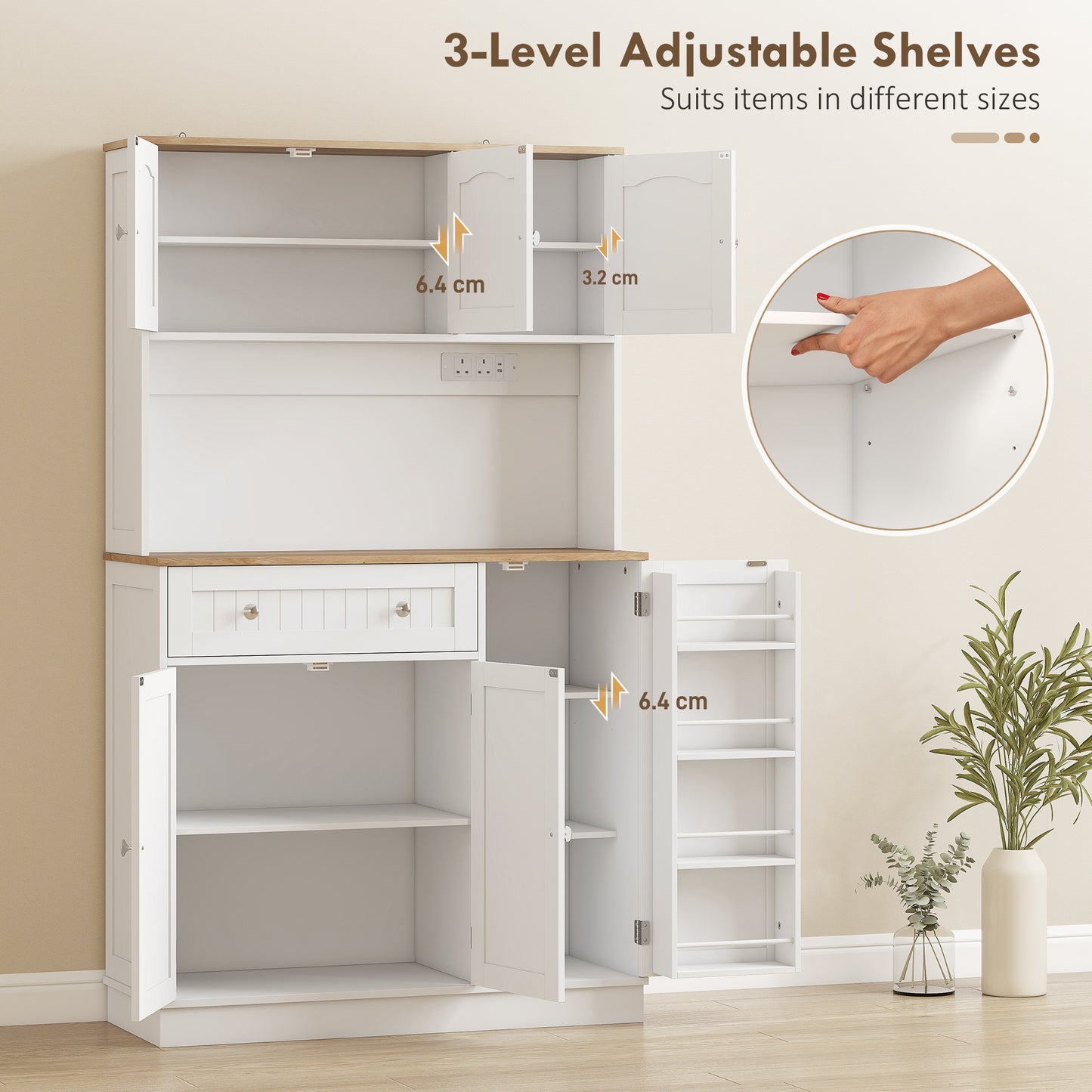 Tall Kitchen Pantry Cabinet With Charging Station And Adjustable Shelves